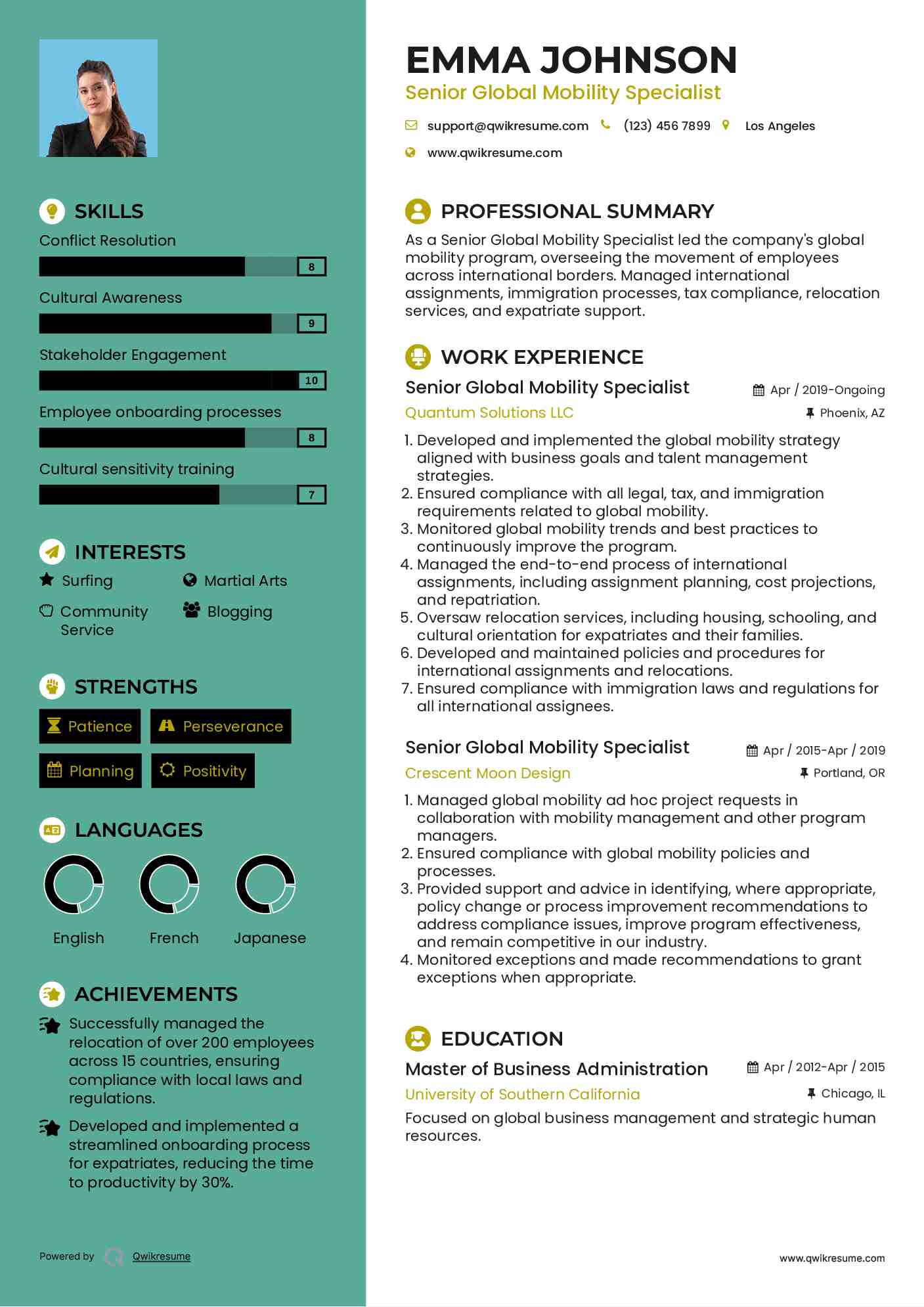 Senior Global Mobility Specialist Resume Model