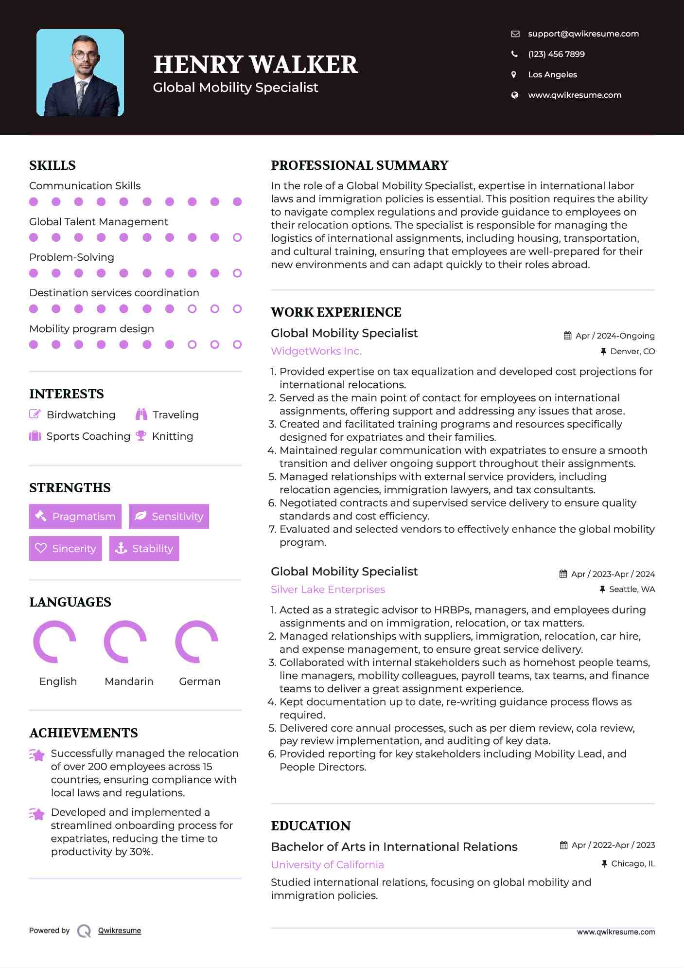 Global Mobility Specialist Resume Sample