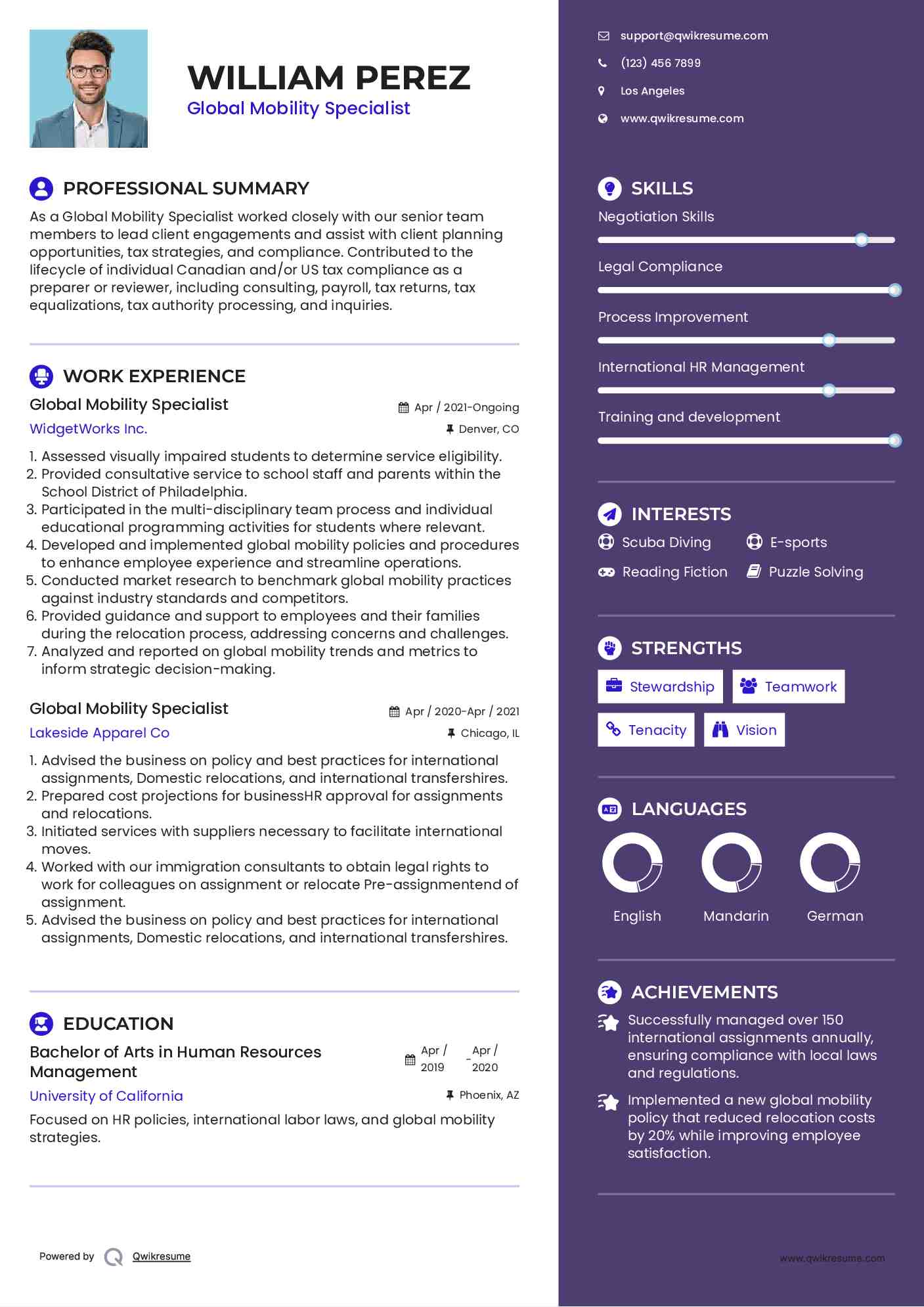Global Mobility Specialist Resume Template