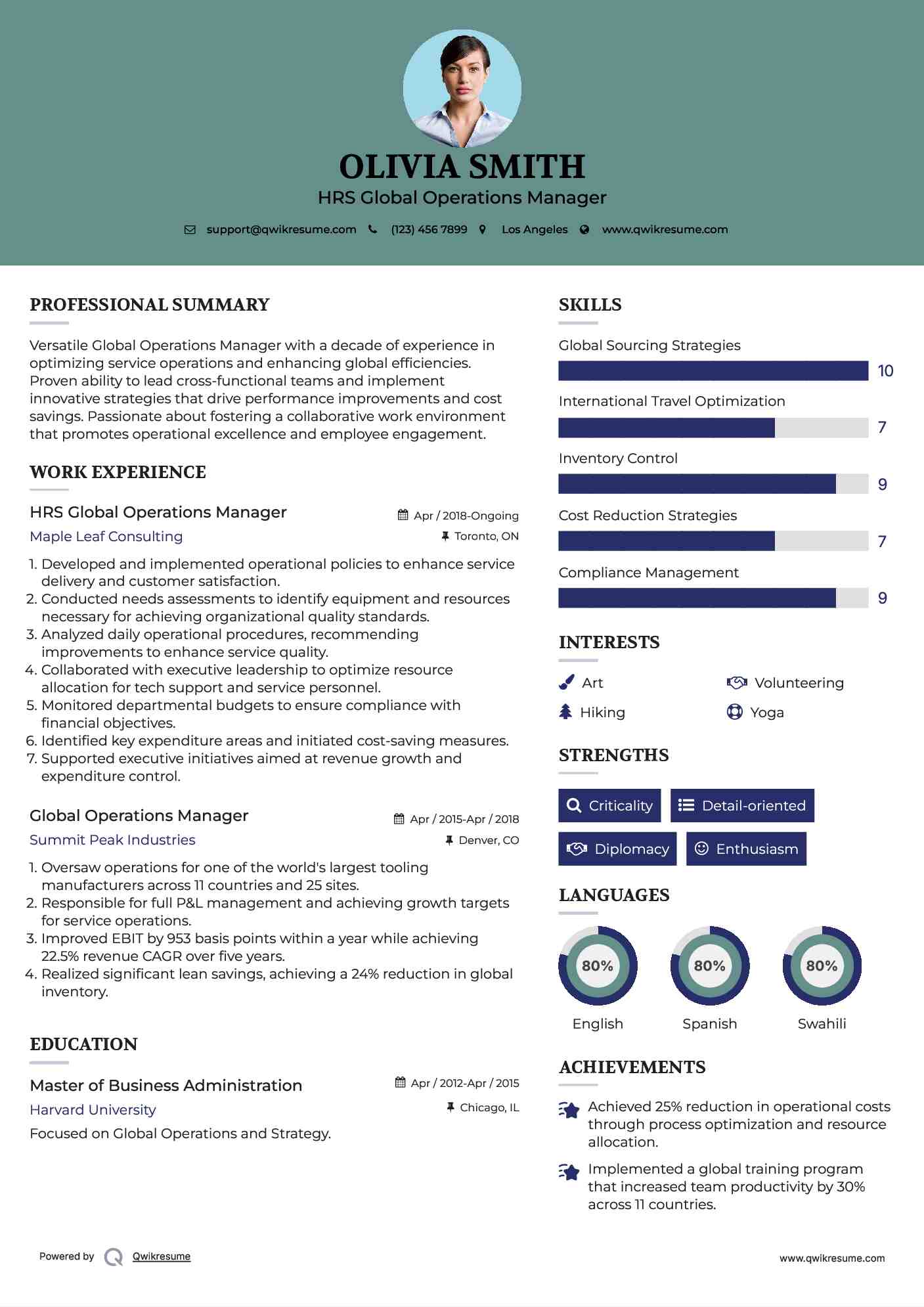 HRS Global Operations Manager Resume Sample