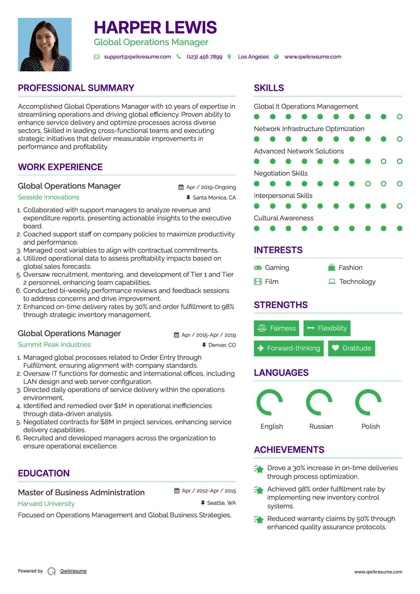 Global Operations Manager Resume Template