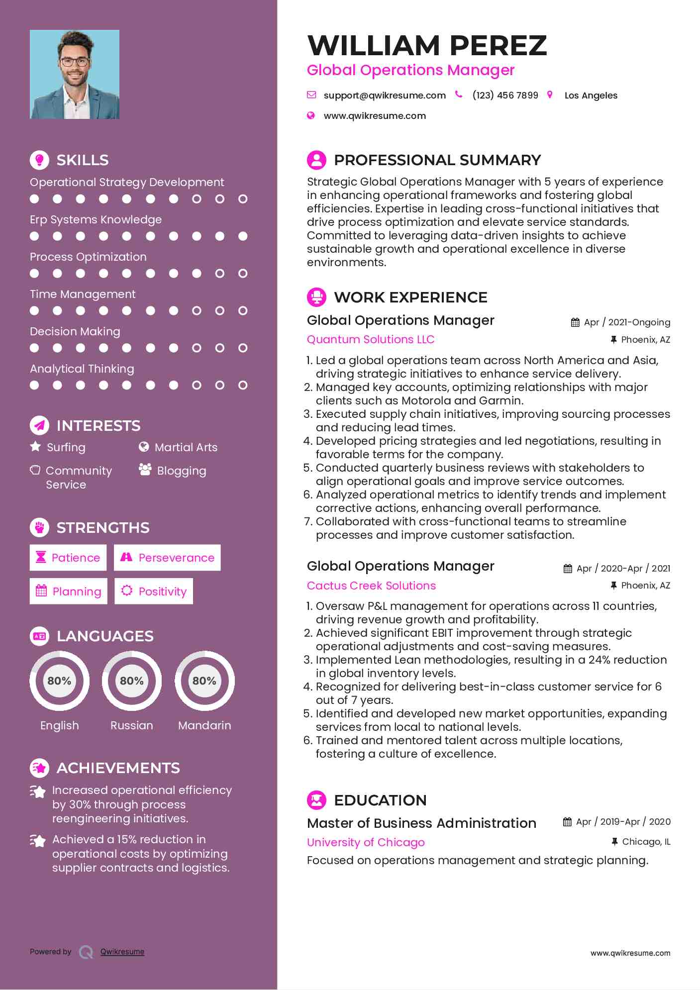 Global Operations Manager Resume Example