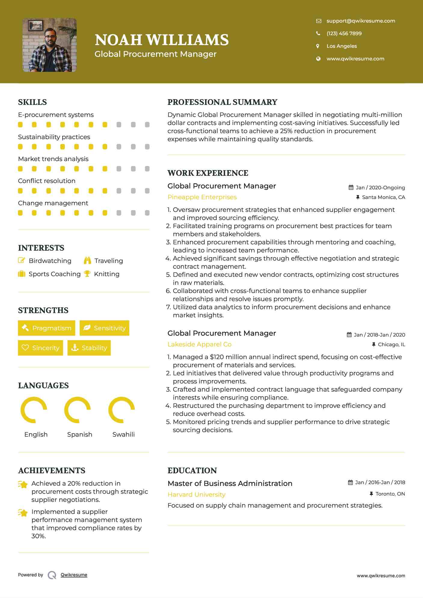 Global Procurement Manager Resume Sample
