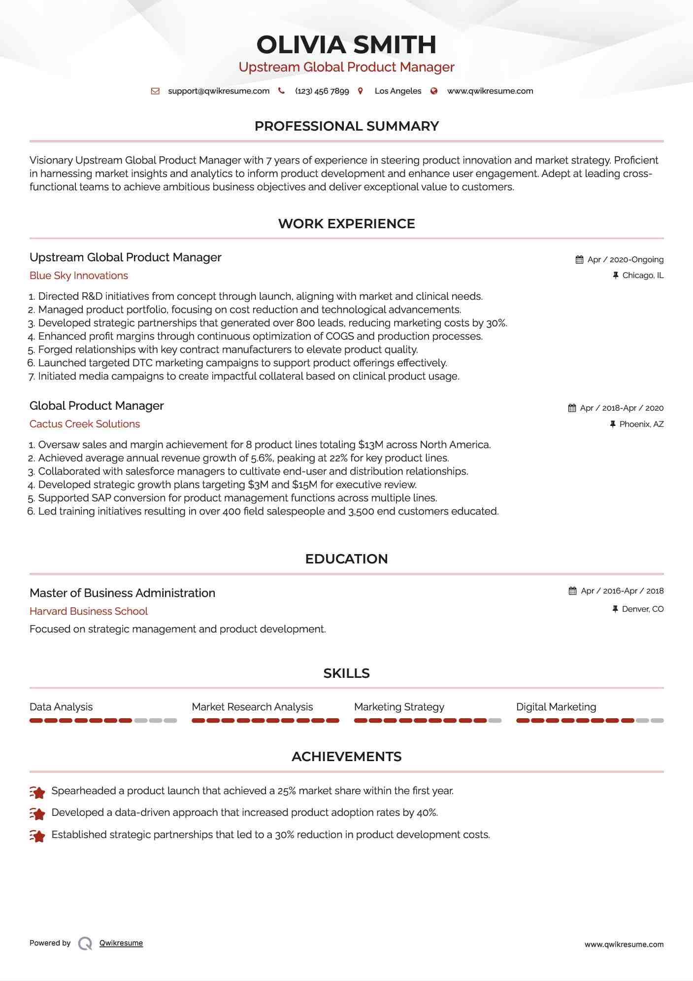 Upstream Global Product Manager Resume Template