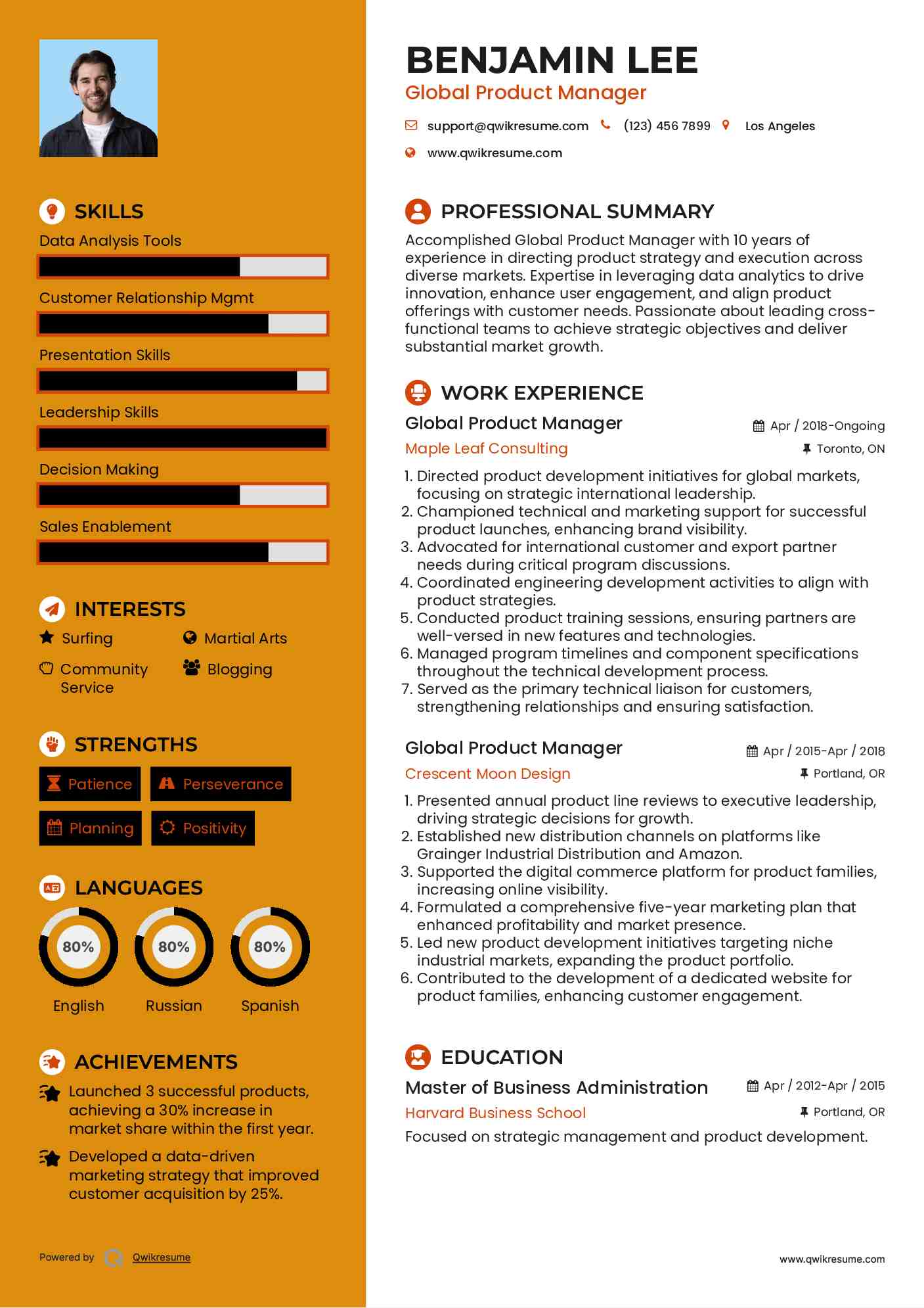 Global Product Manager Resume Sample