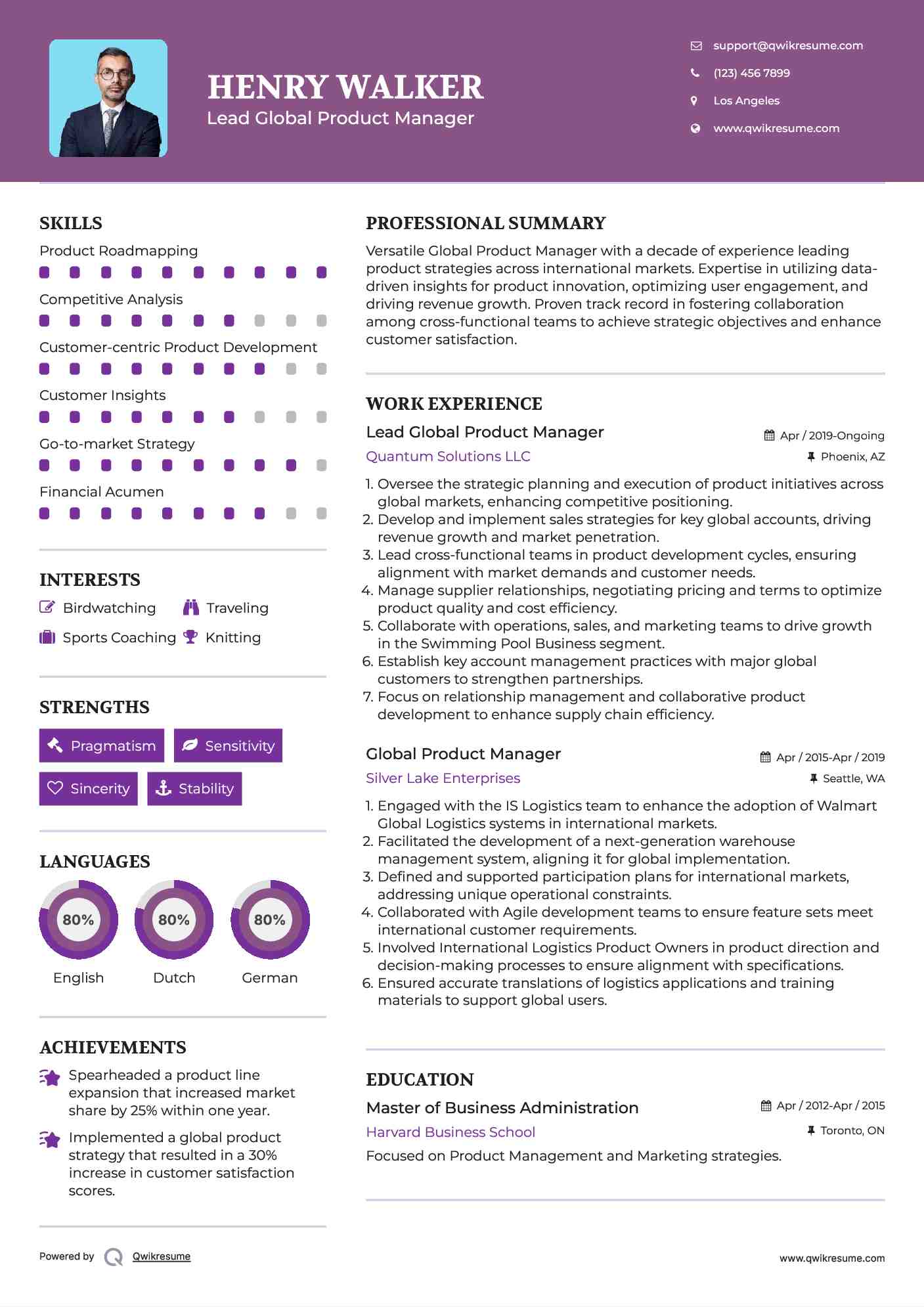 Lead Global Product Manager Resume Model