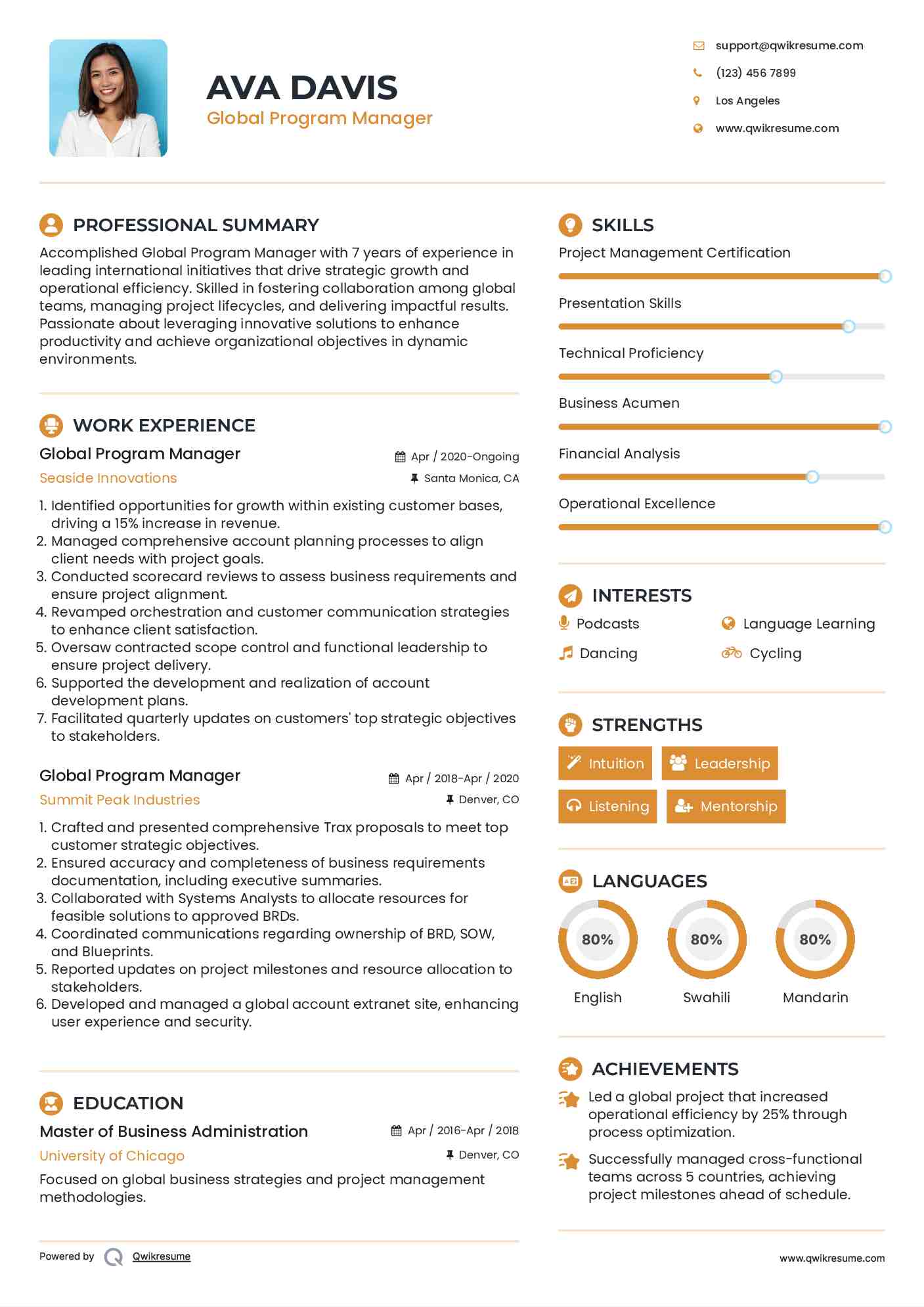 Global Program Manager Resume Sample