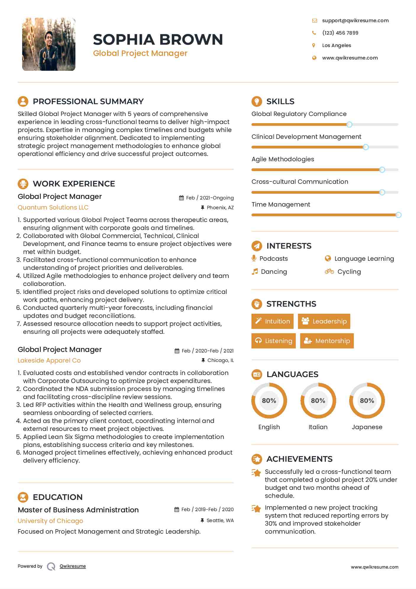 Global Project Manager Resume Model