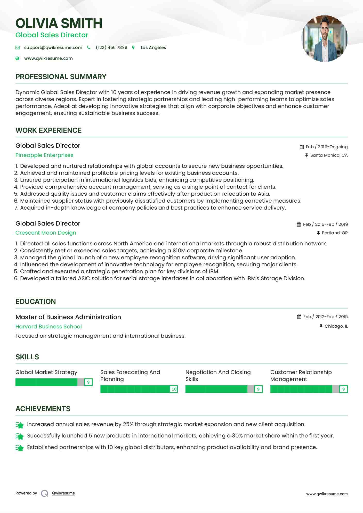 Global Sales Director Resume Sample