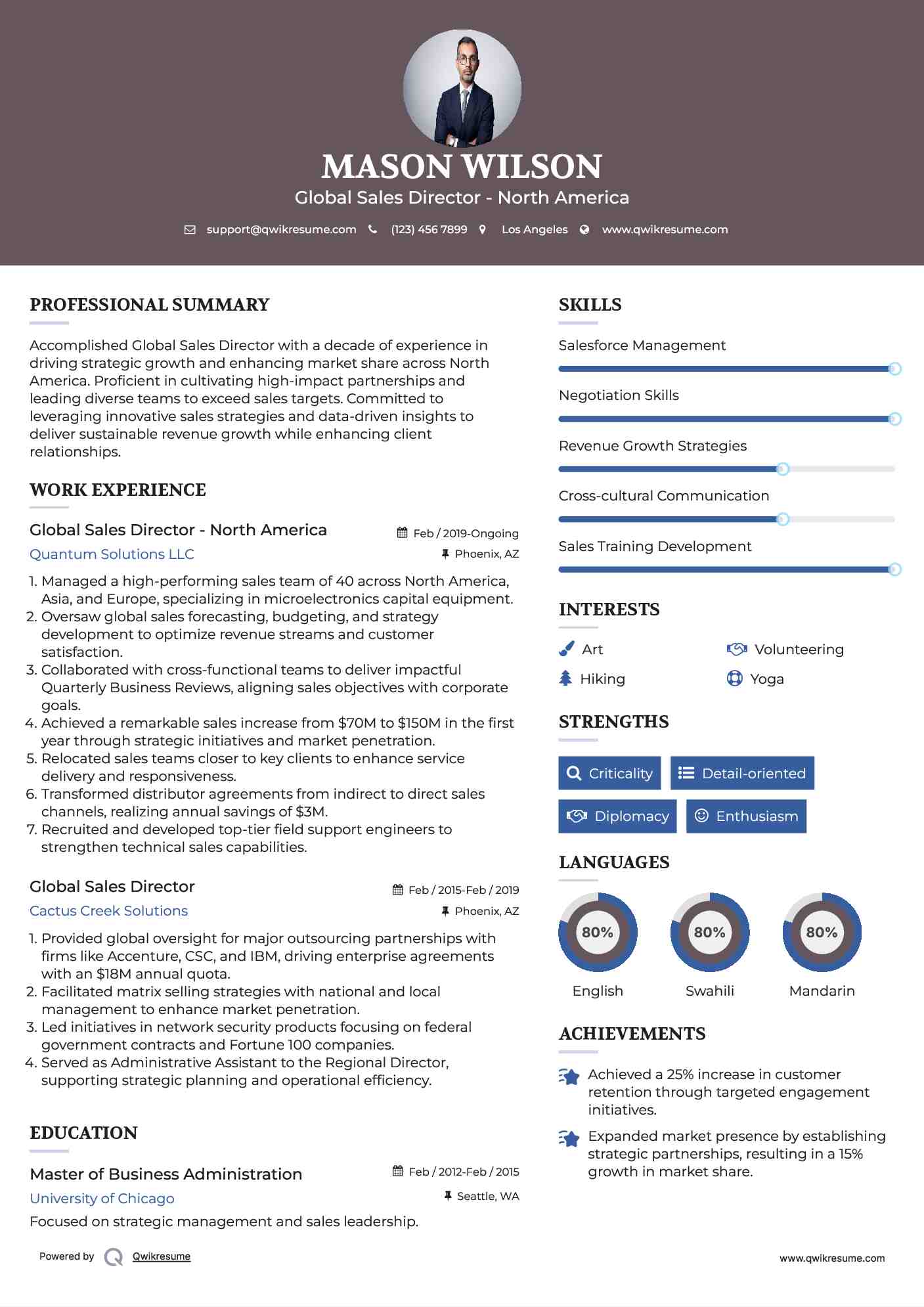 Global Sales Director - North America Resume Format