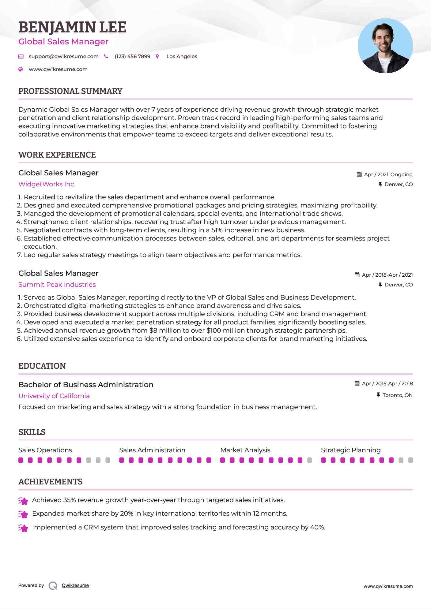 Global Sales Manager Resume Example