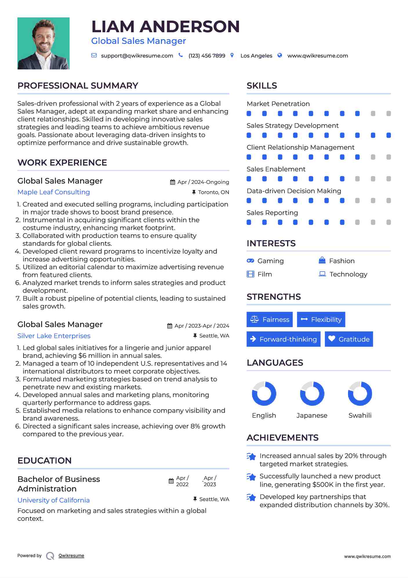 Global Sales Manager Resume Example