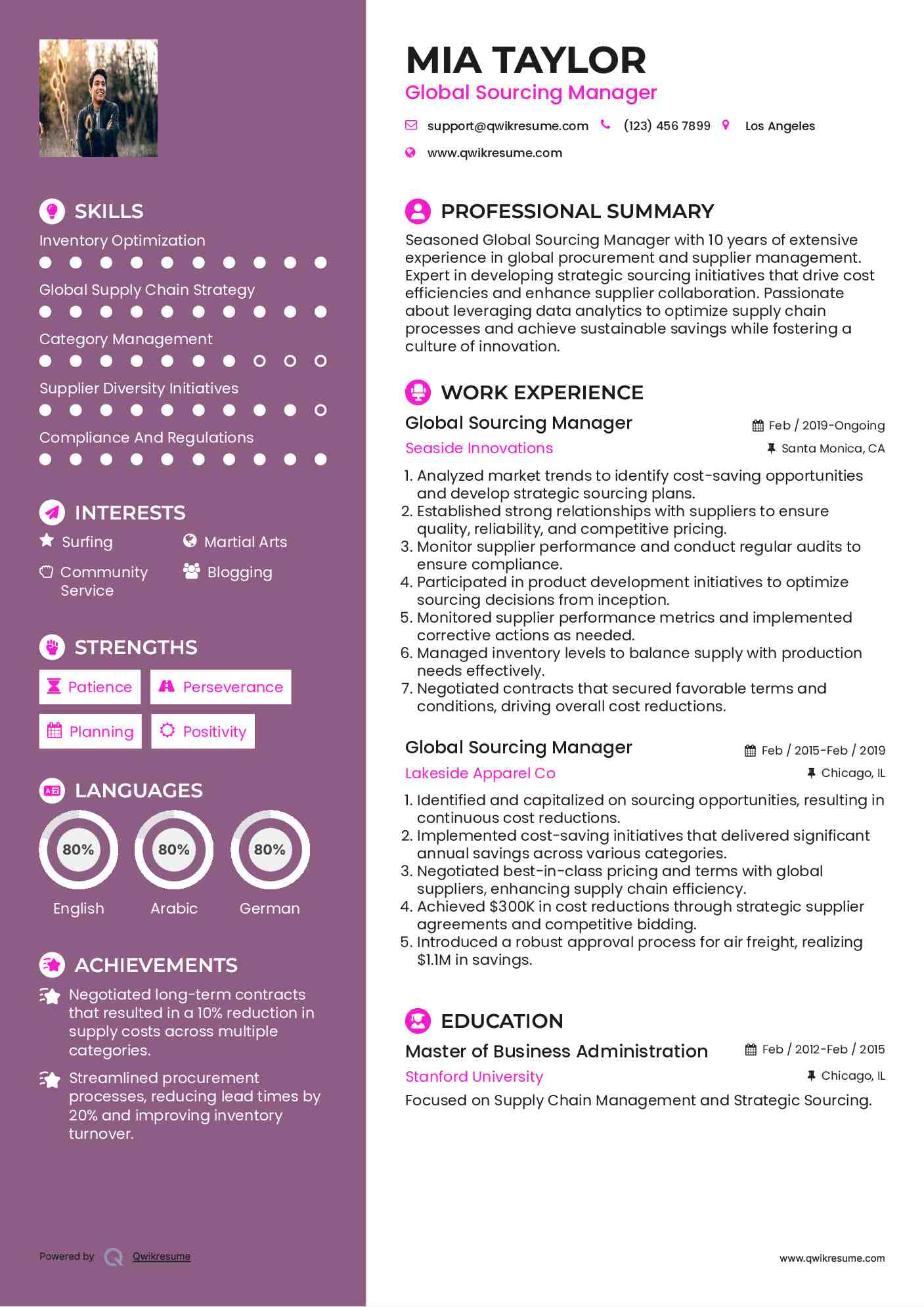 Global Sourcing Manager Resume Example