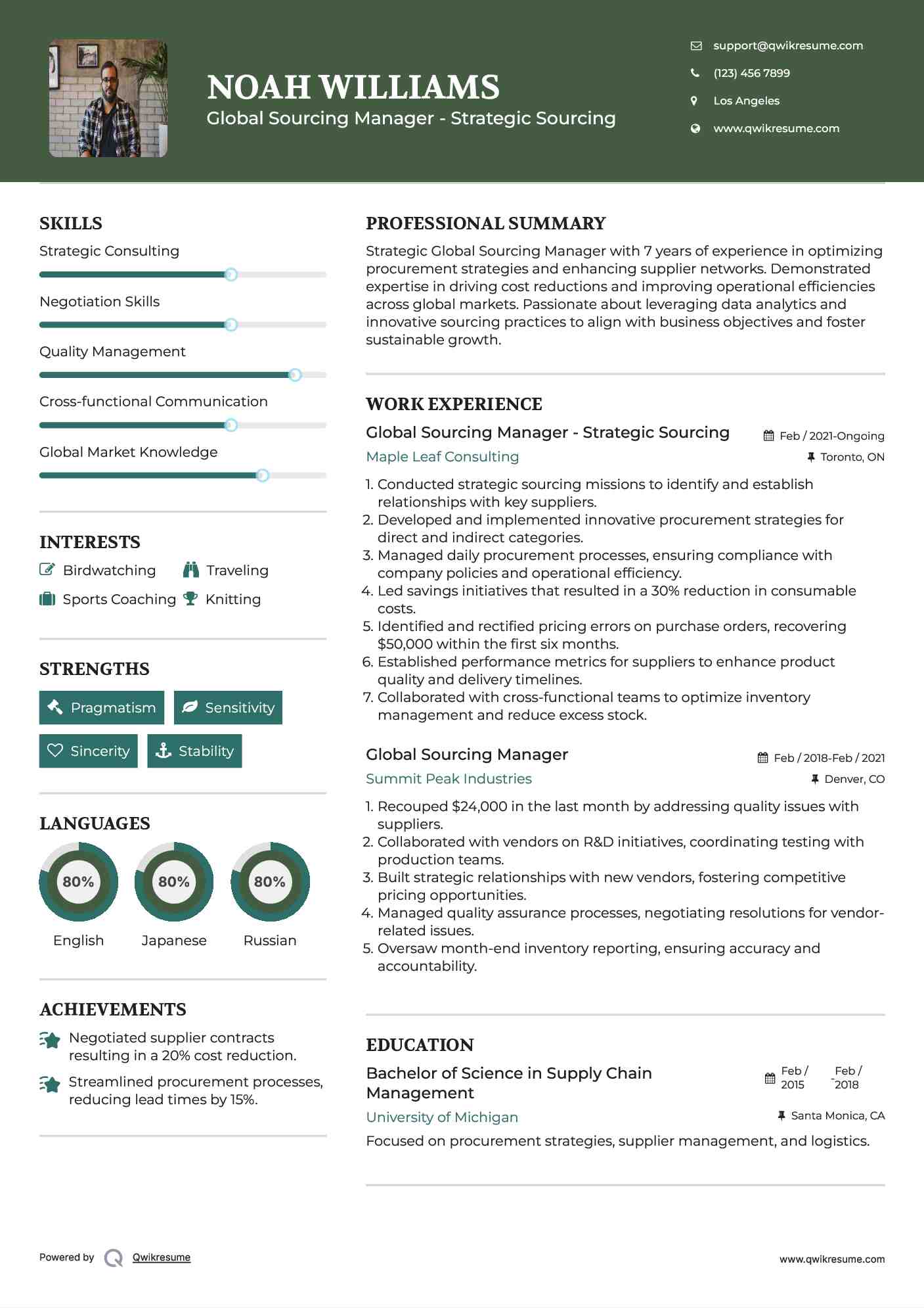 Global Sourcing Manager - Strategic Sourcing Resume Format