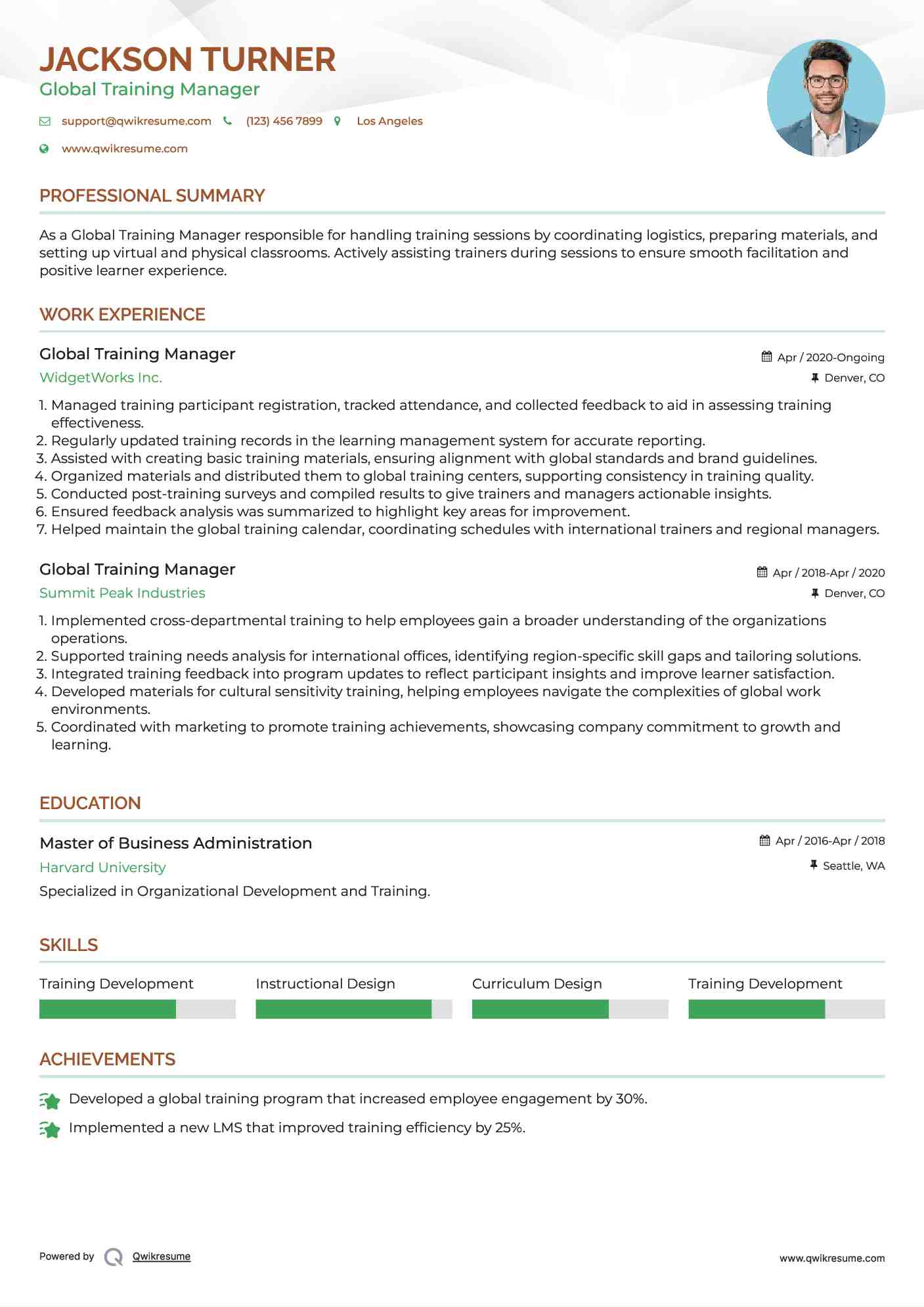 Global Training Manager Resume Format
