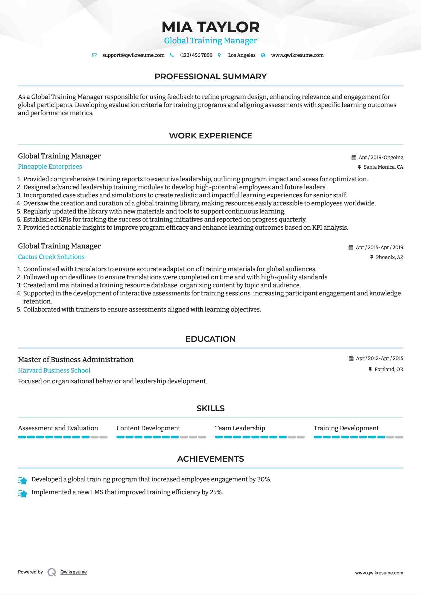 Global Training Manager Resume Sample
