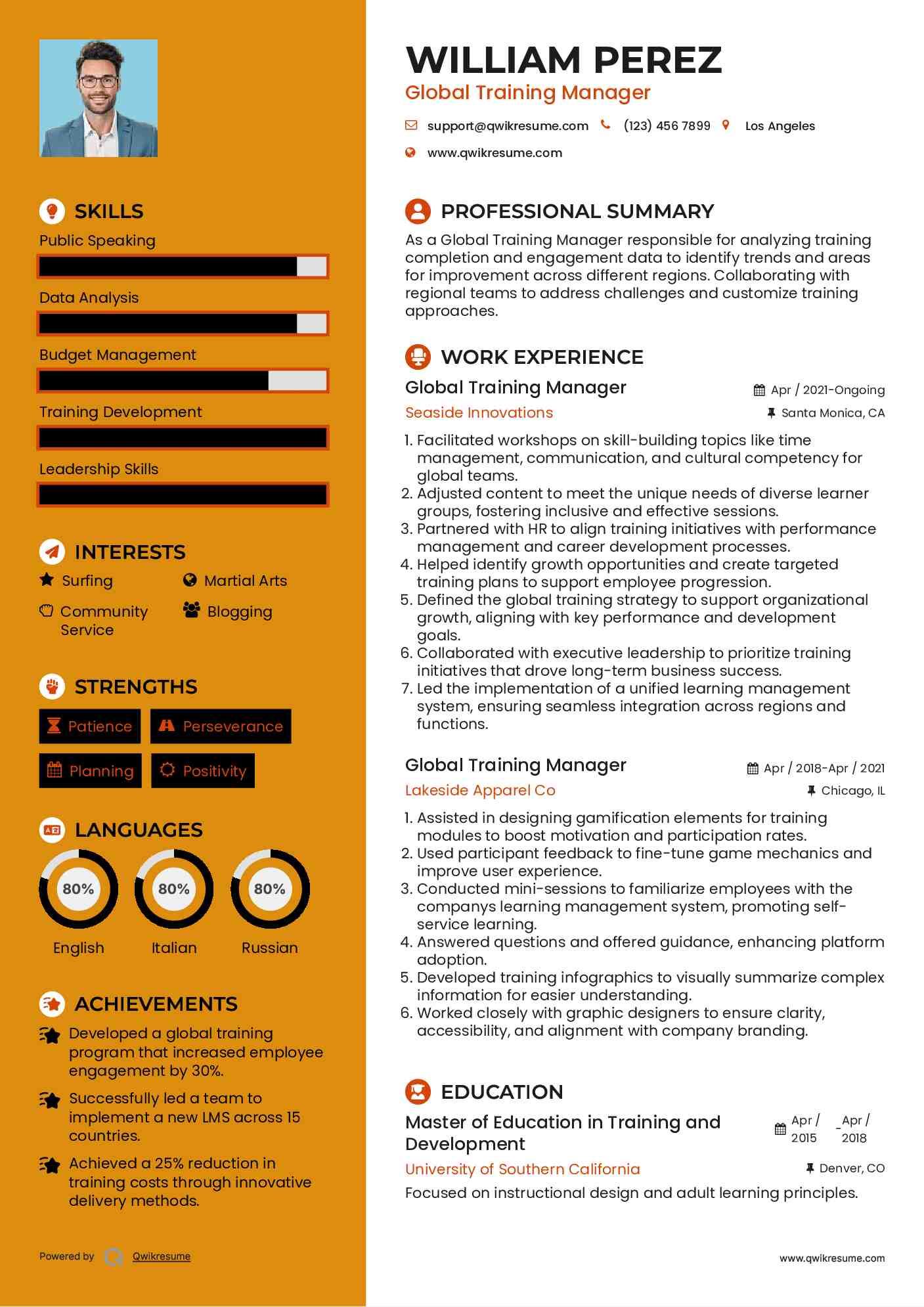 Global Training Manager Resume Sample