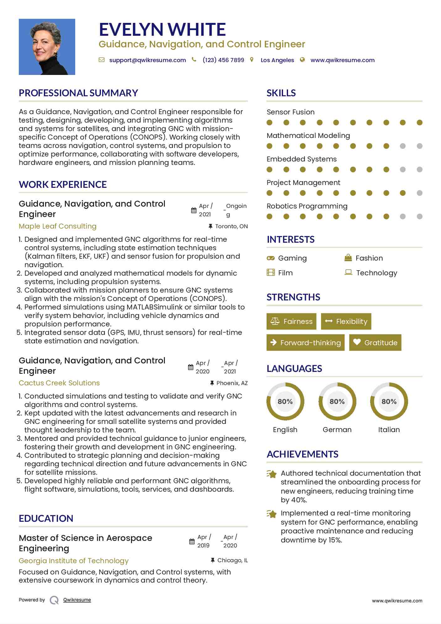  Guidance, Navigation, and Control Engineer  Resume Format