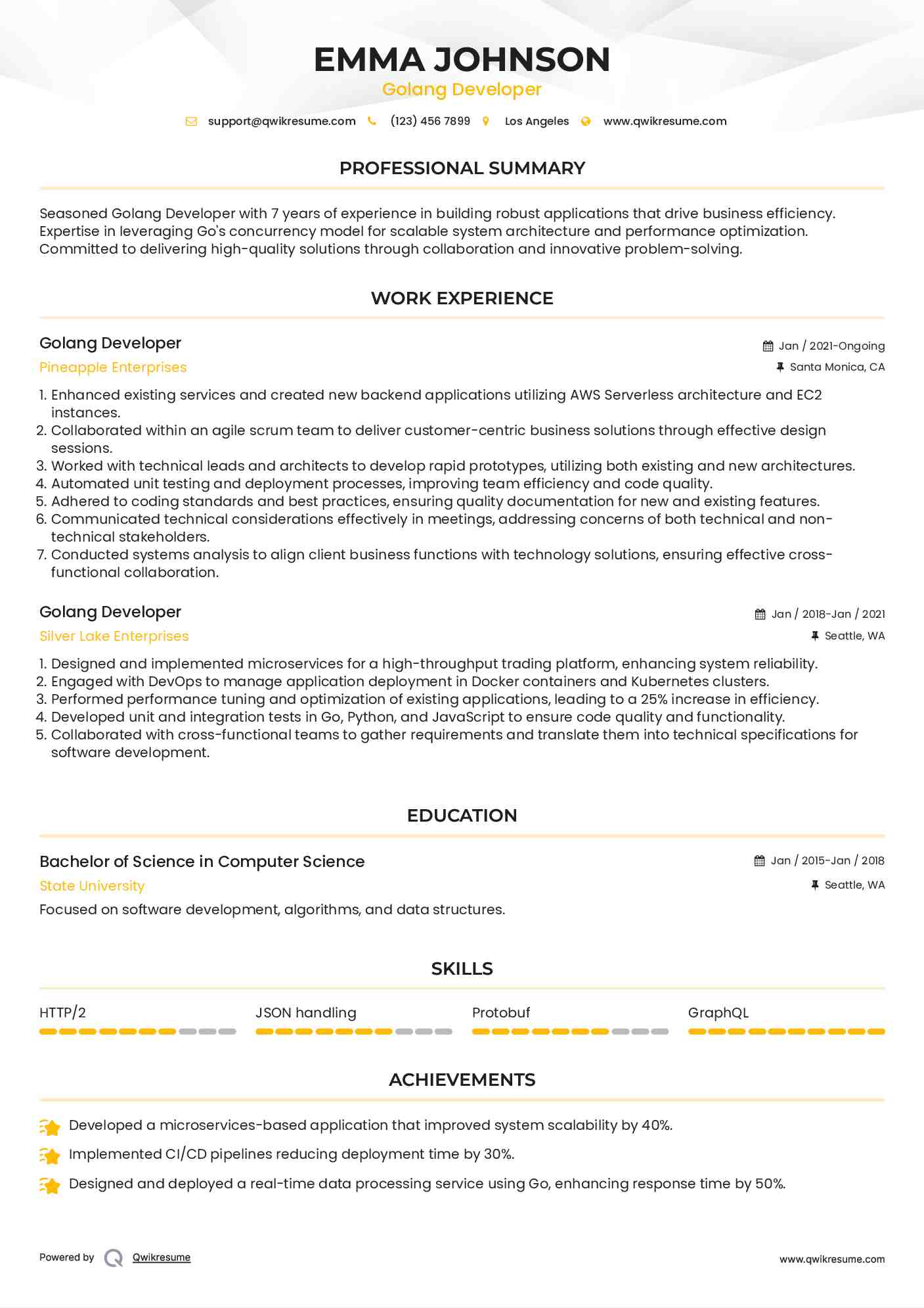 Golang Developer Resume Format