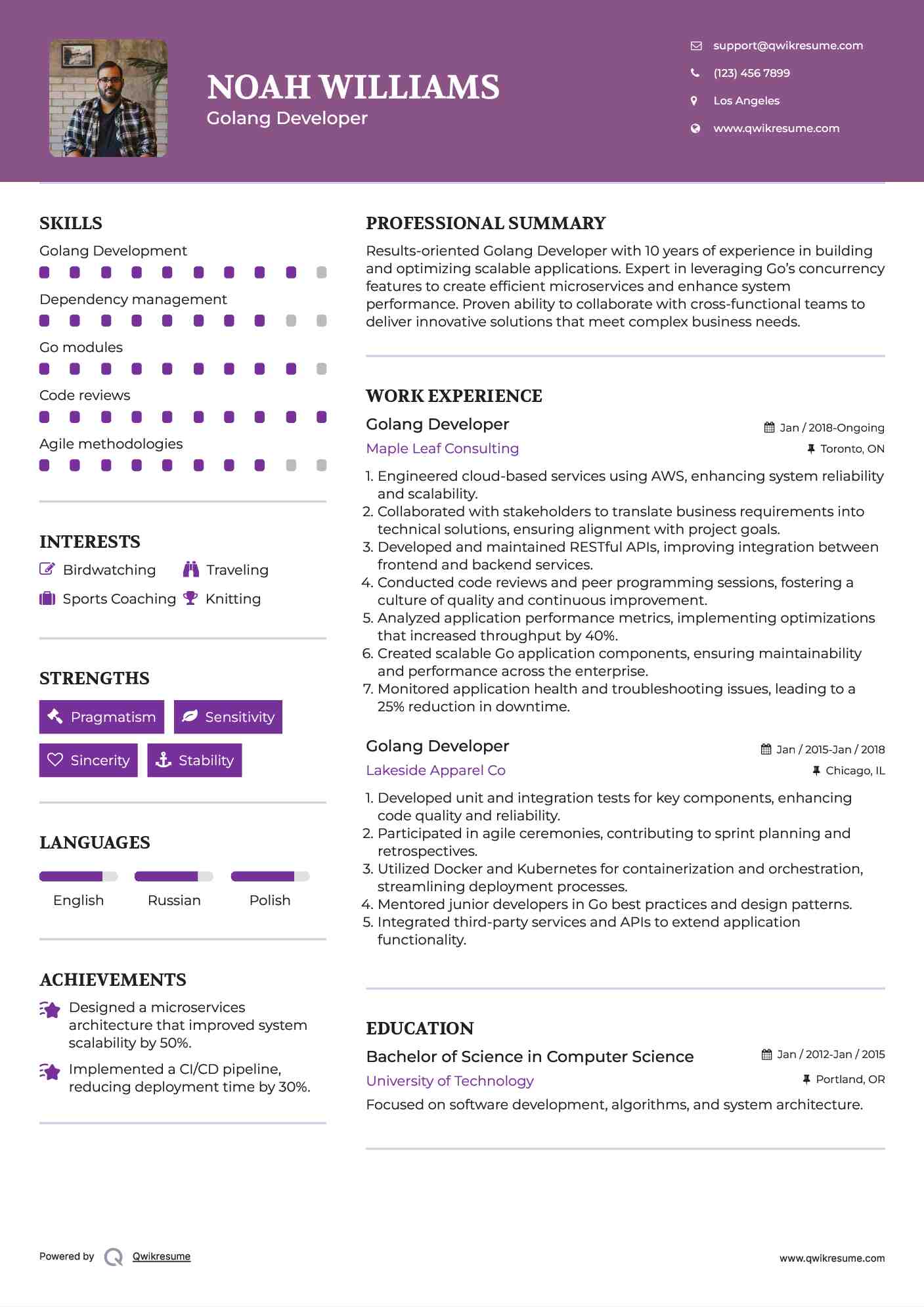 Golang Developer Resume Example