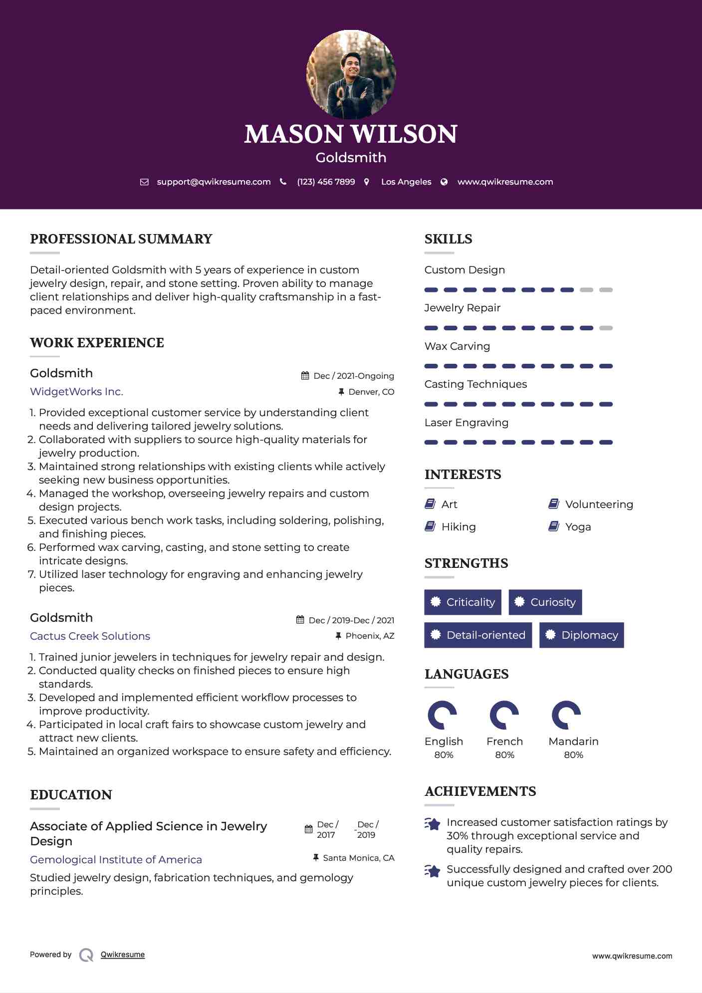 Goldsmith Resume Sample