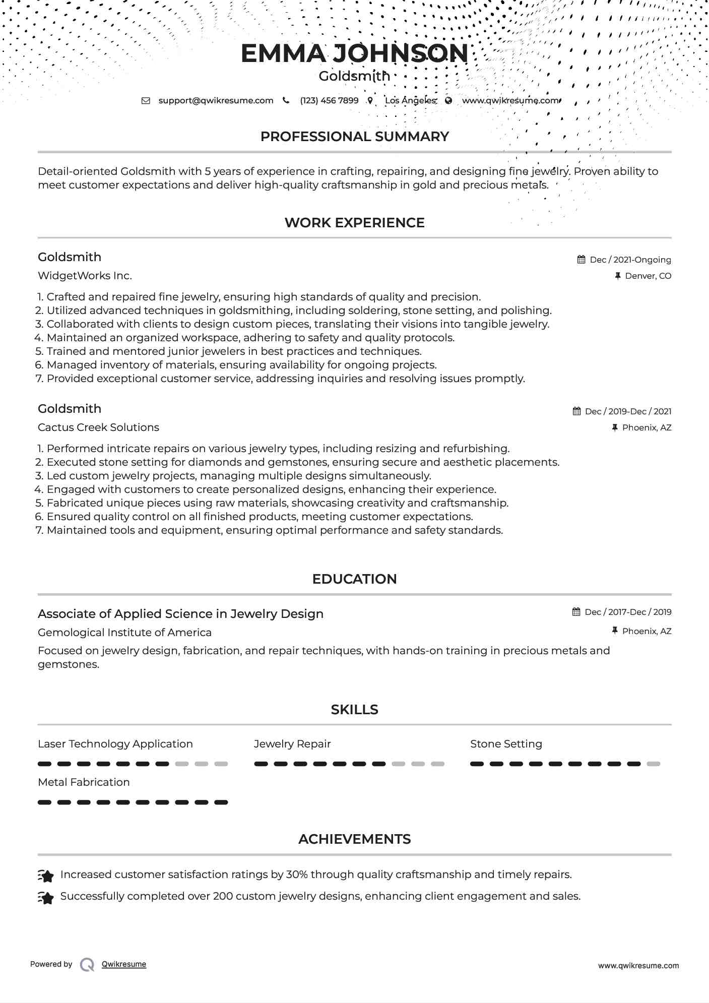 Goldsmith Resume Example