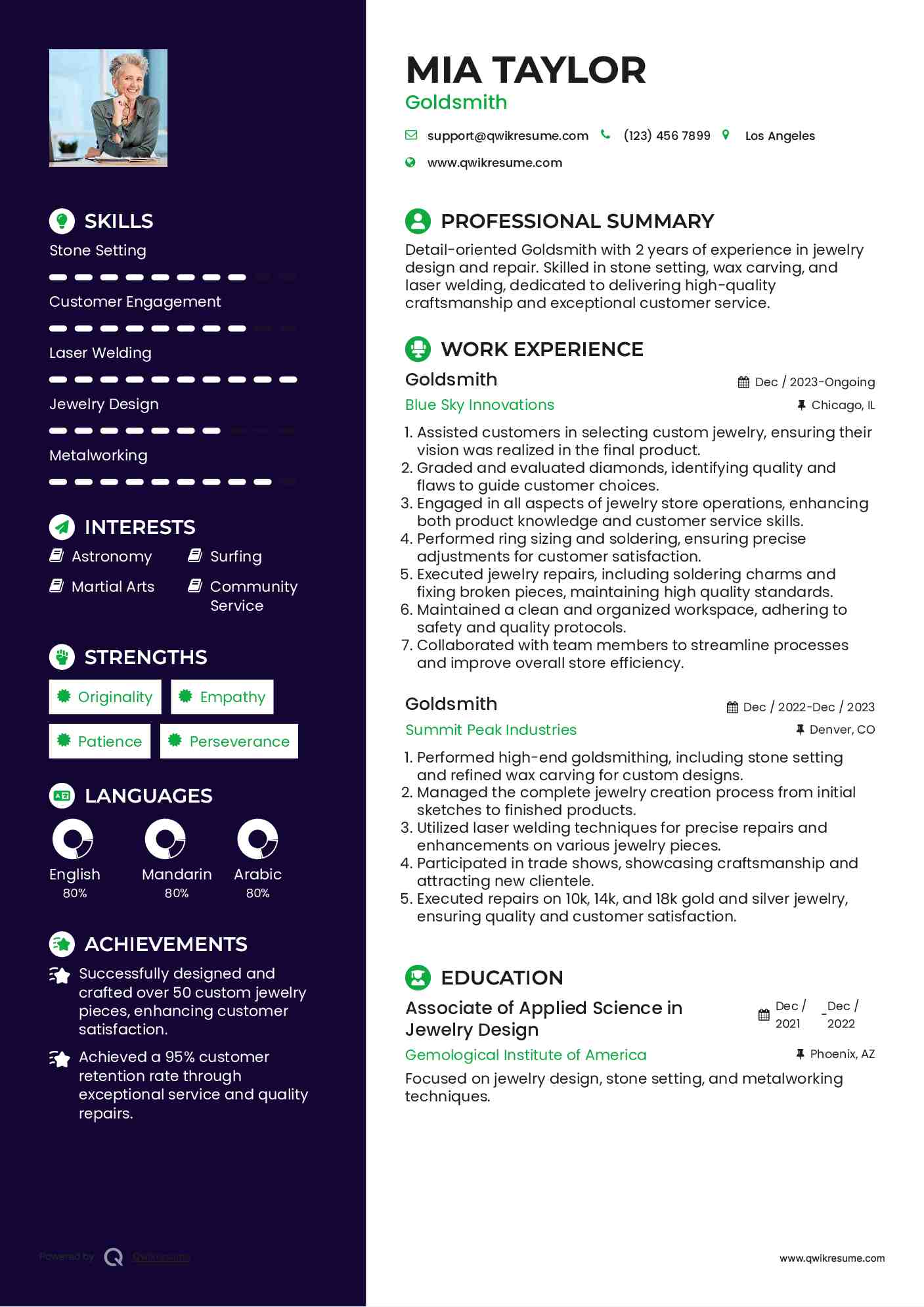 Goldsmith Resume Sample