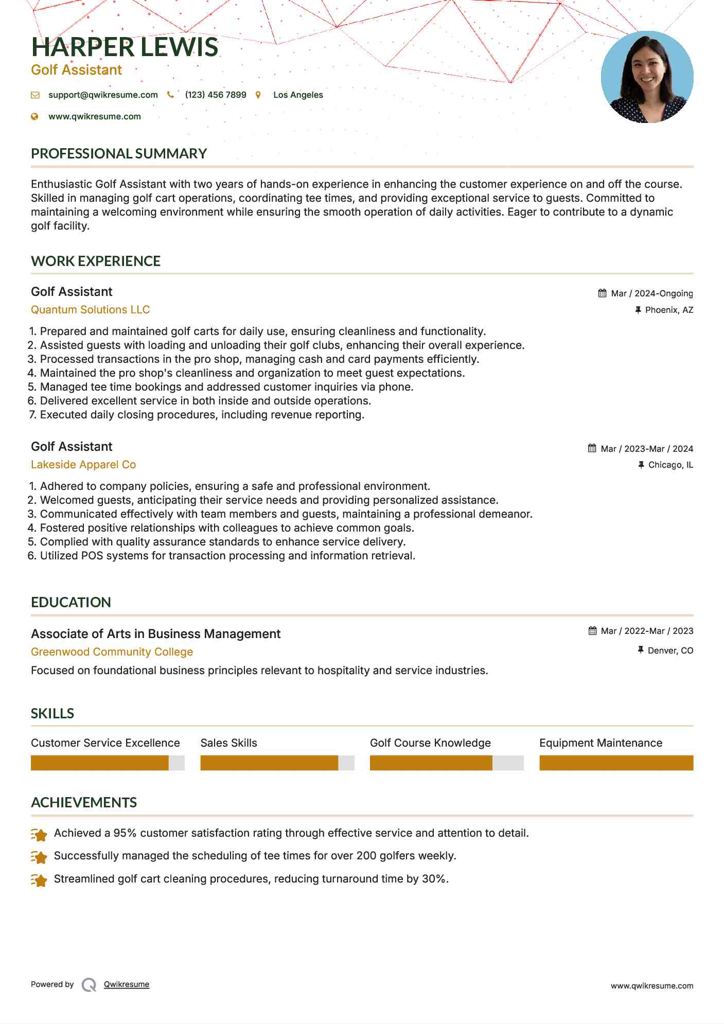 Golf Assistant Resume Example