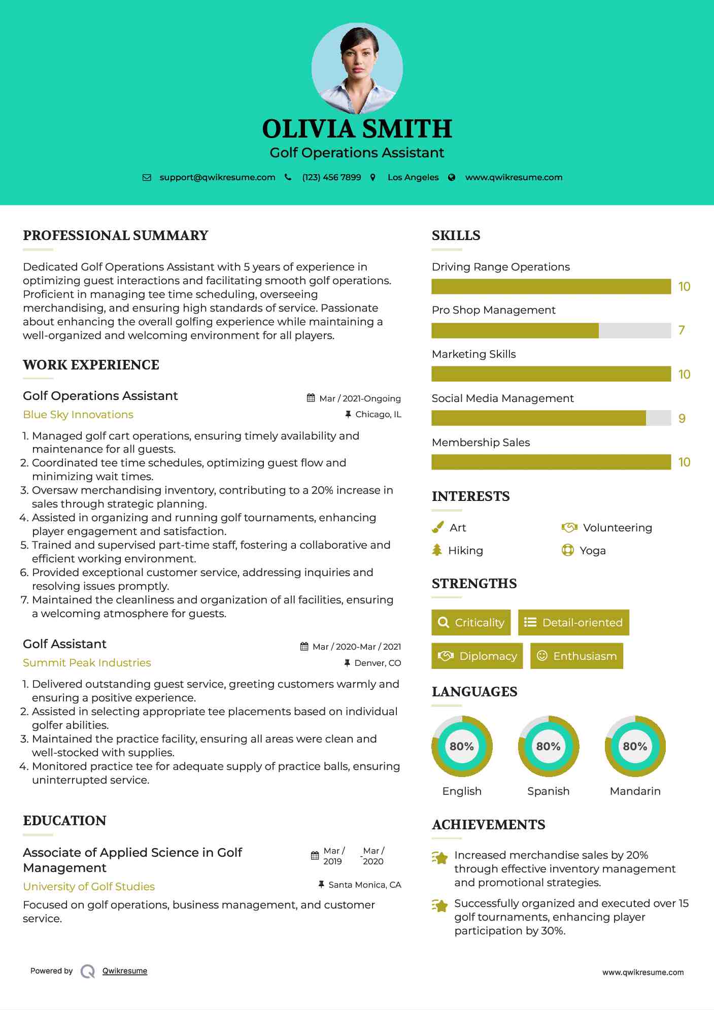 Golf Operations Assistant Resume Model