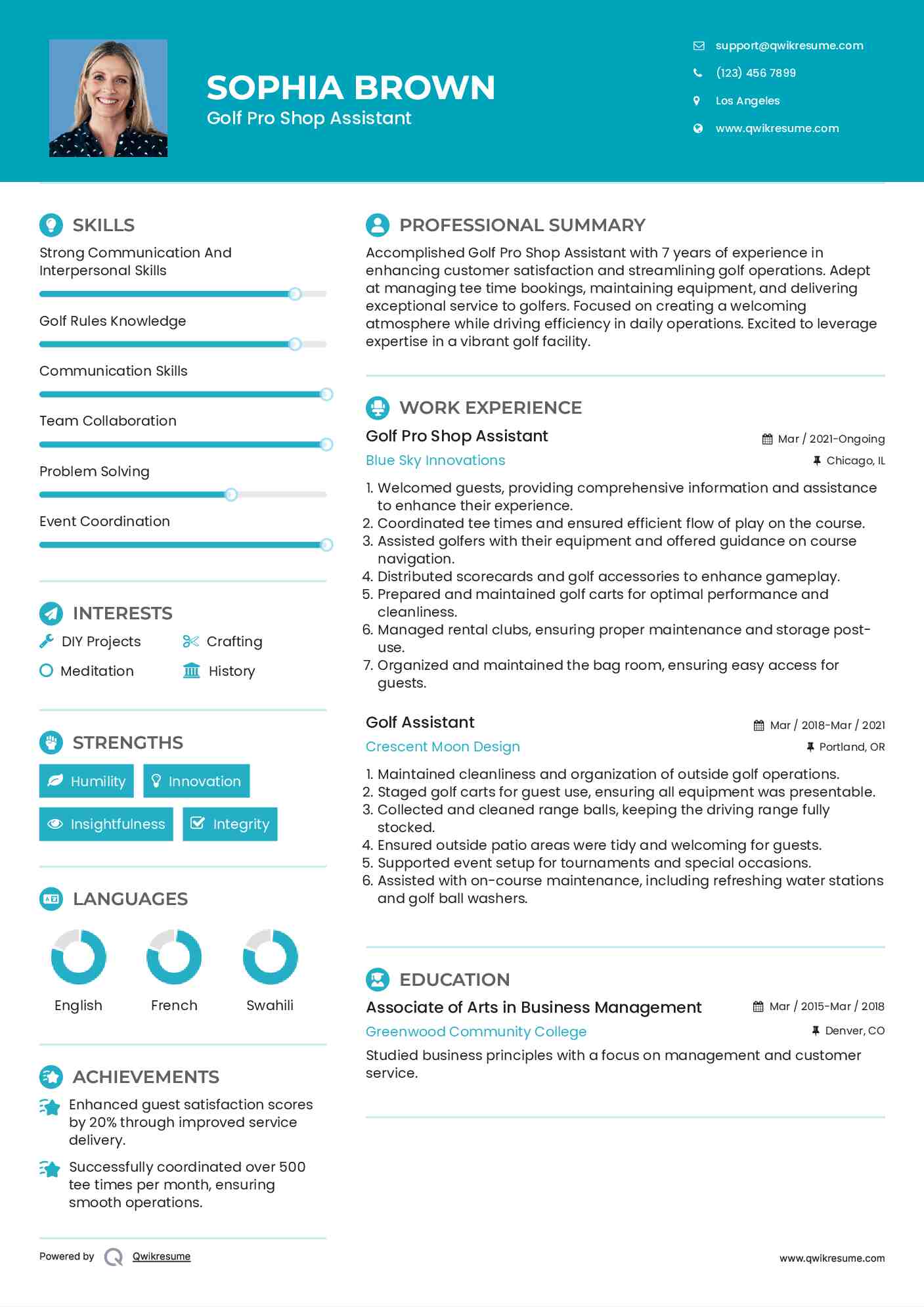 Golf Pro Shop Assistant Resume Example