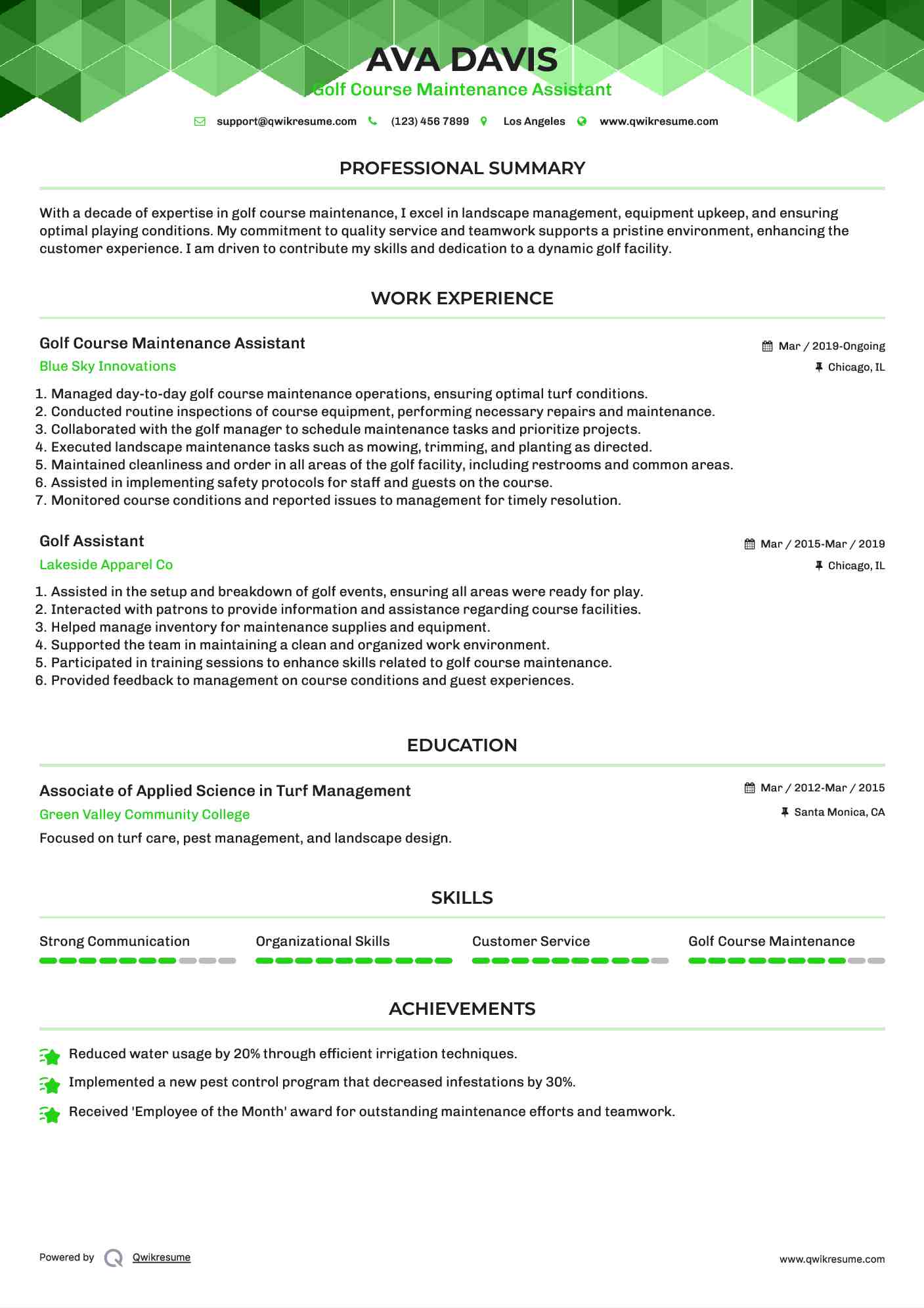 Golf Course Maintenance Assistant Resume Sample