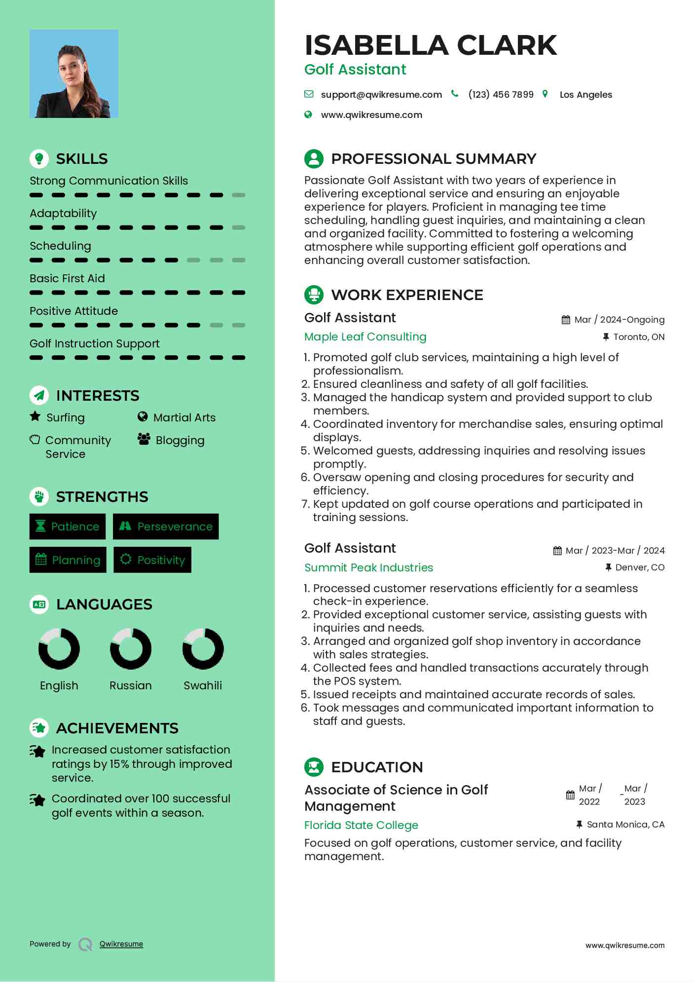 Golf Assistant Resume Format