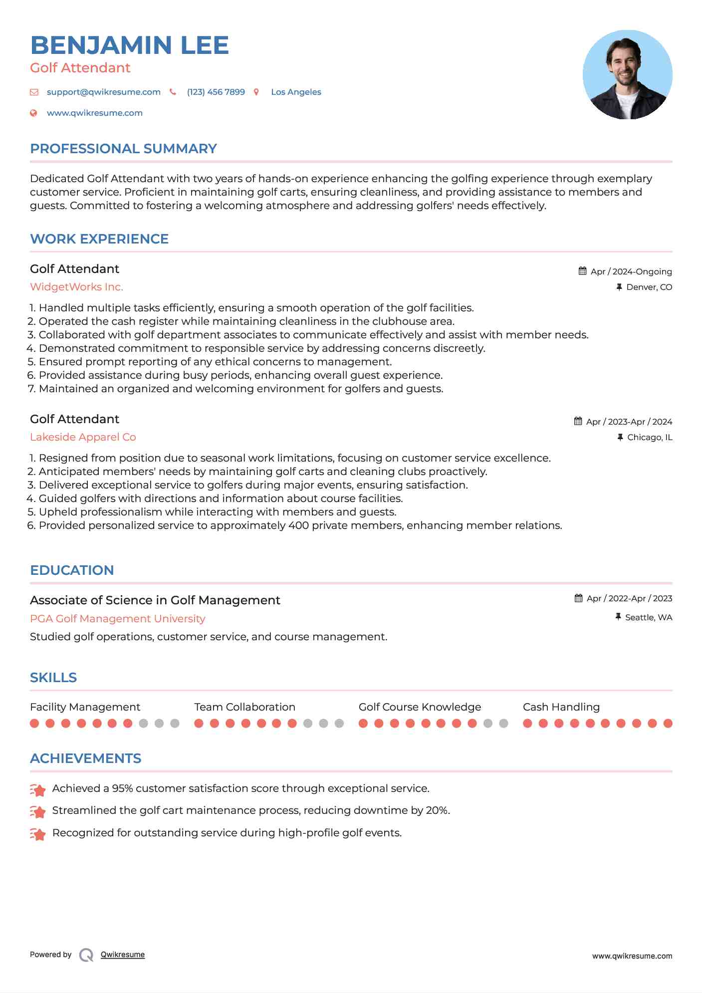 Golf Attendant Resume Example