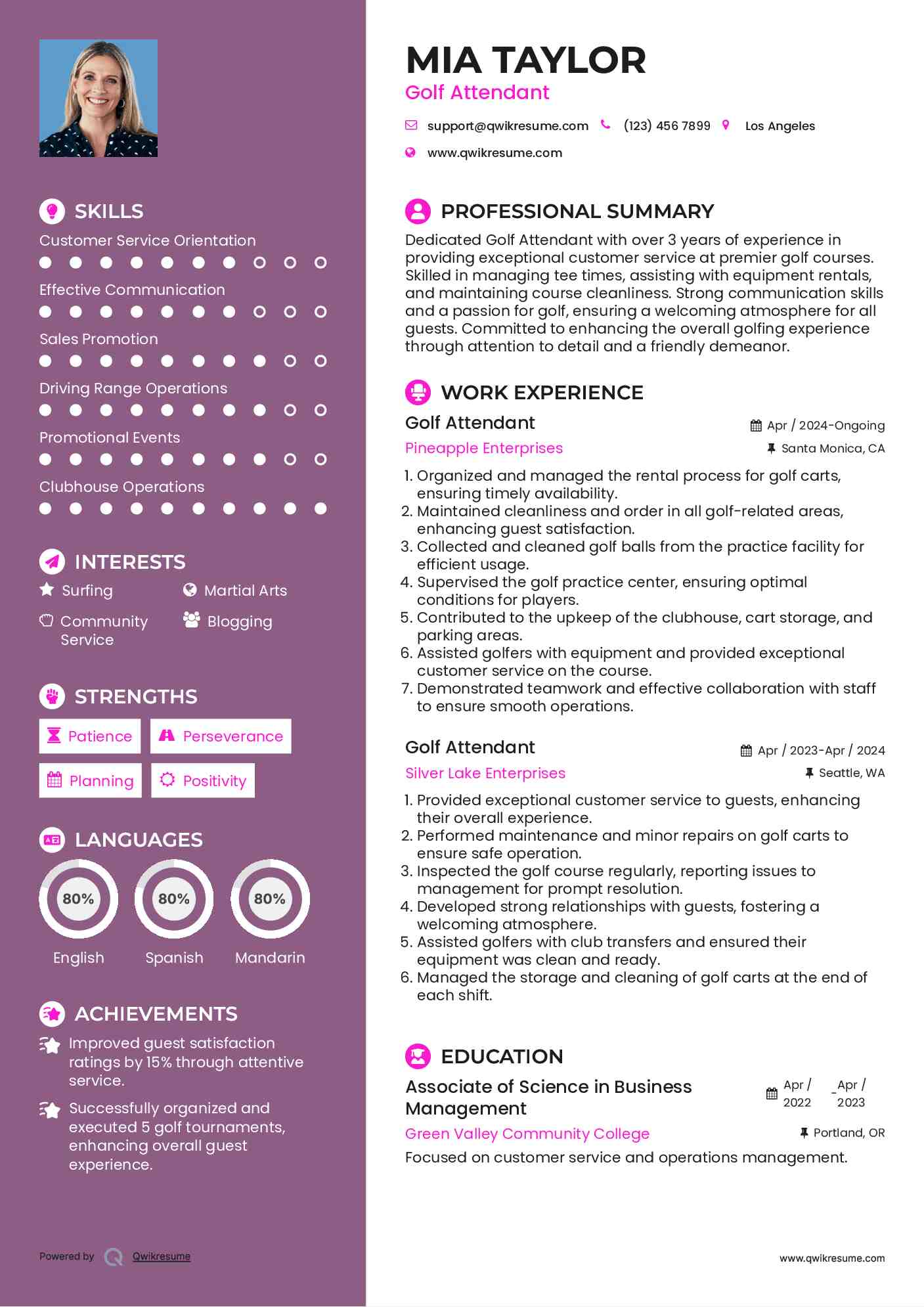 Golf Attendant Resume Sample