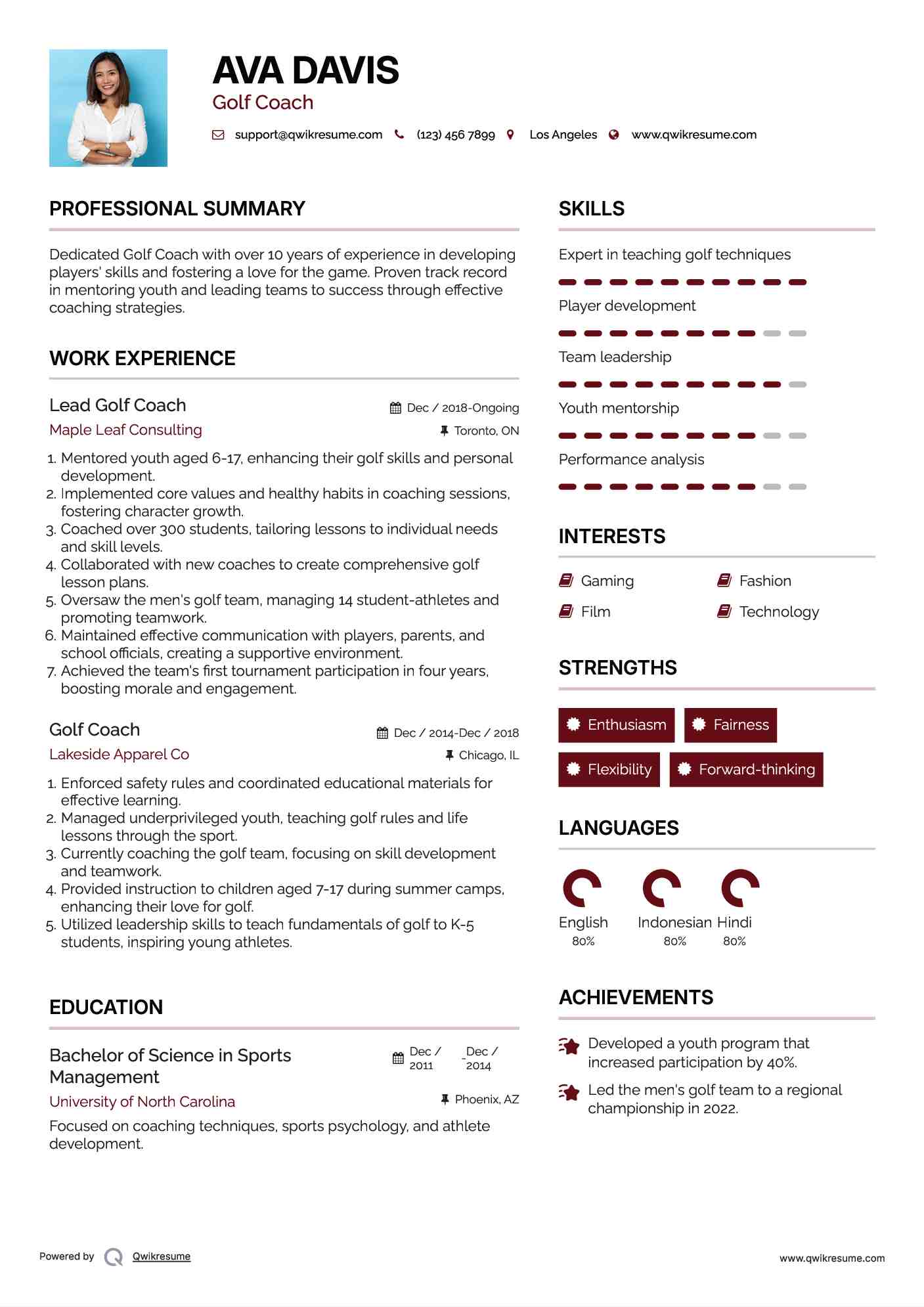 Lead Golf Coach Resume Model