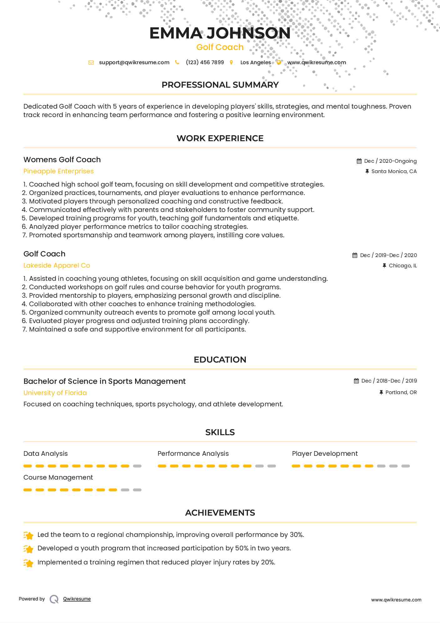 Womens Golf Coach Resume Format