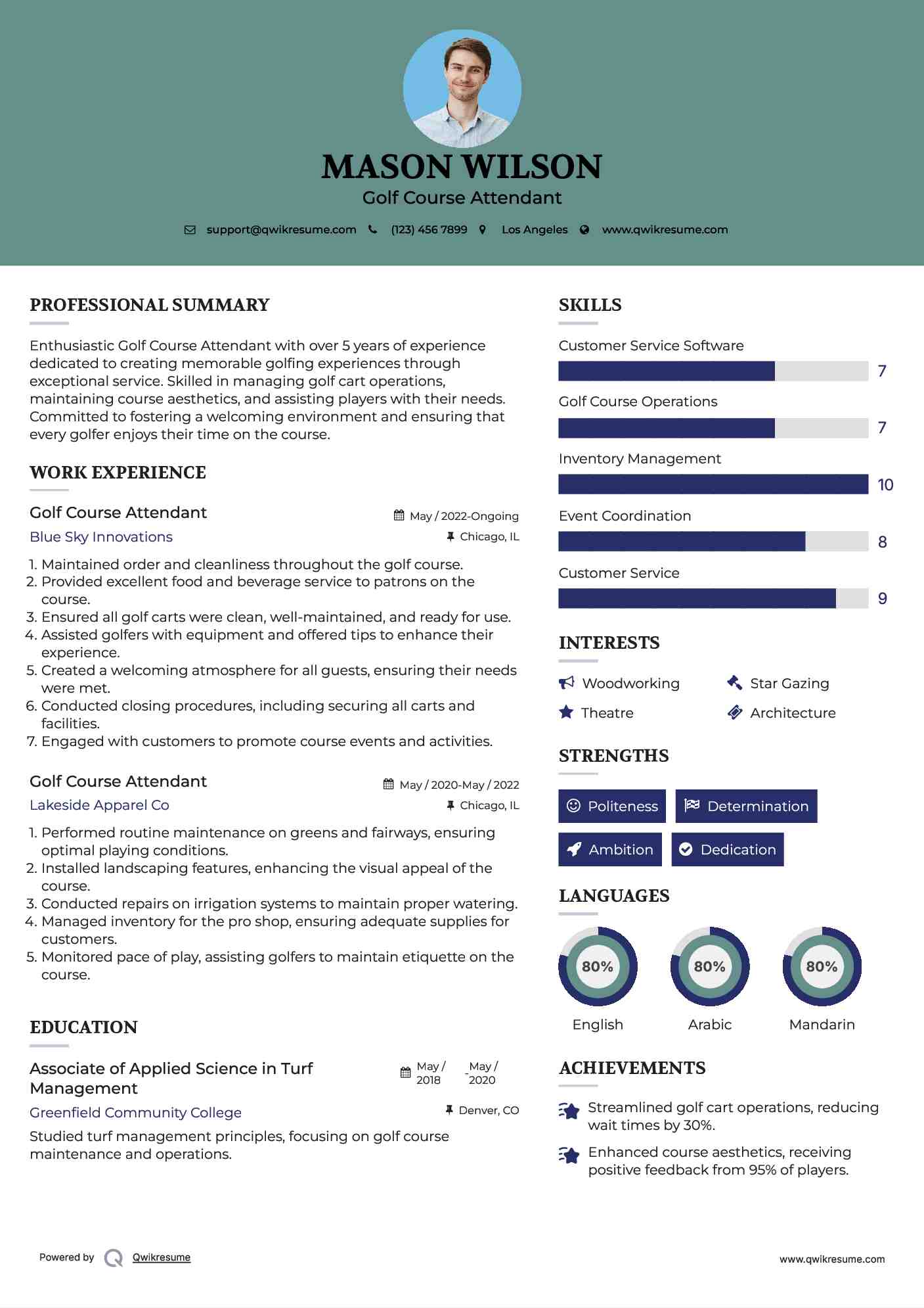 Golf Course Attendant Resume Sample