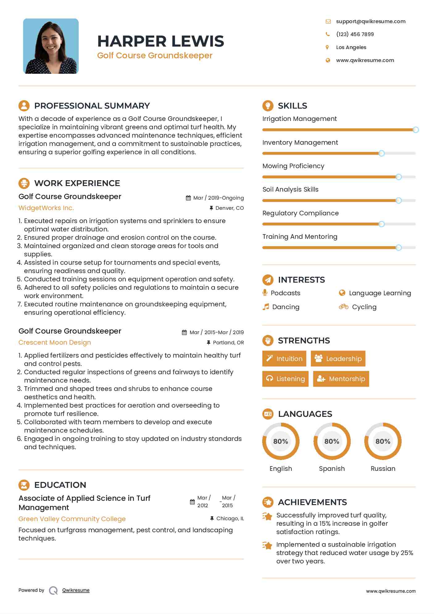 Golf Course Groundskeeper Resume Model