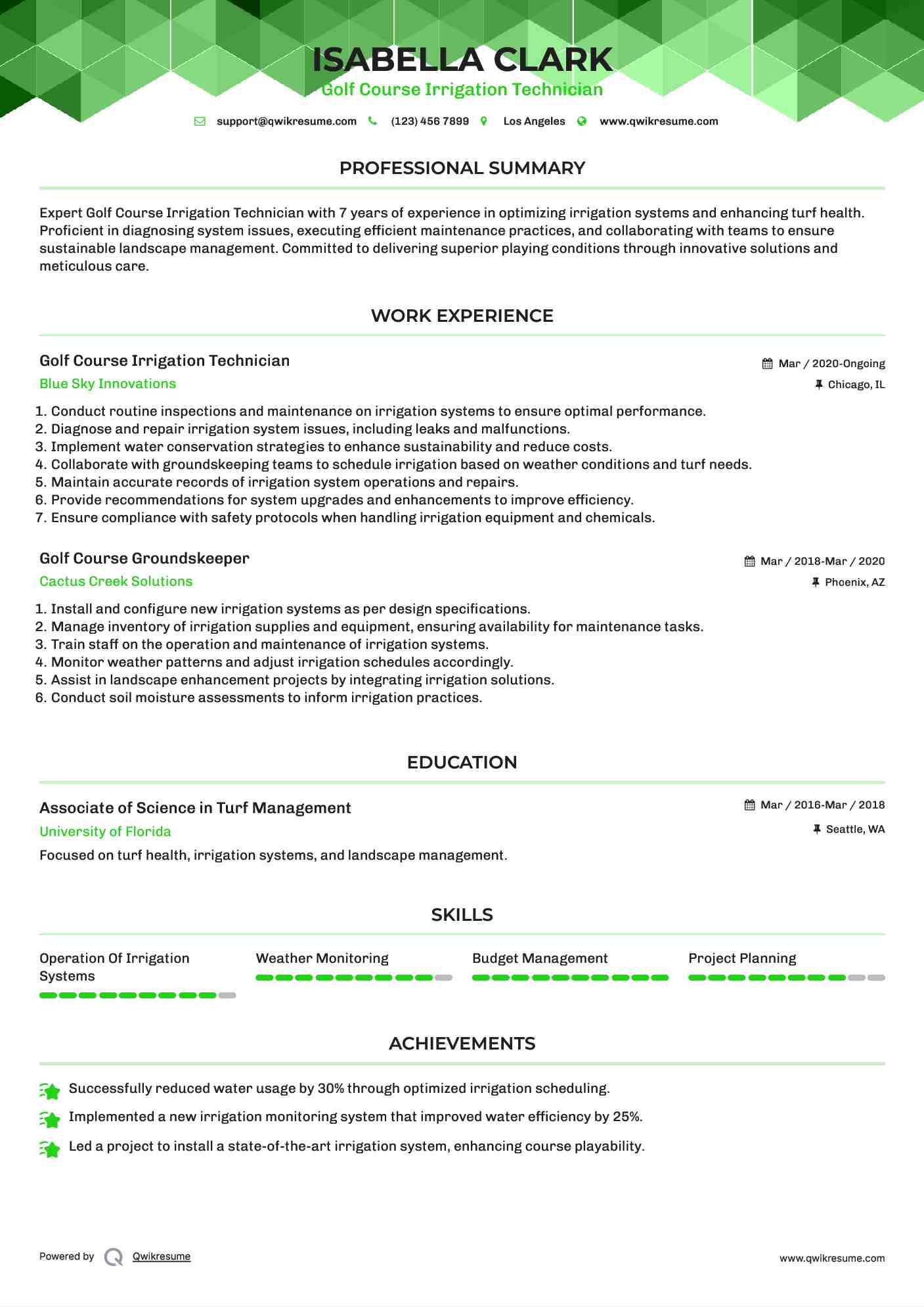 Golf Course Irrigation Technician Resume Model