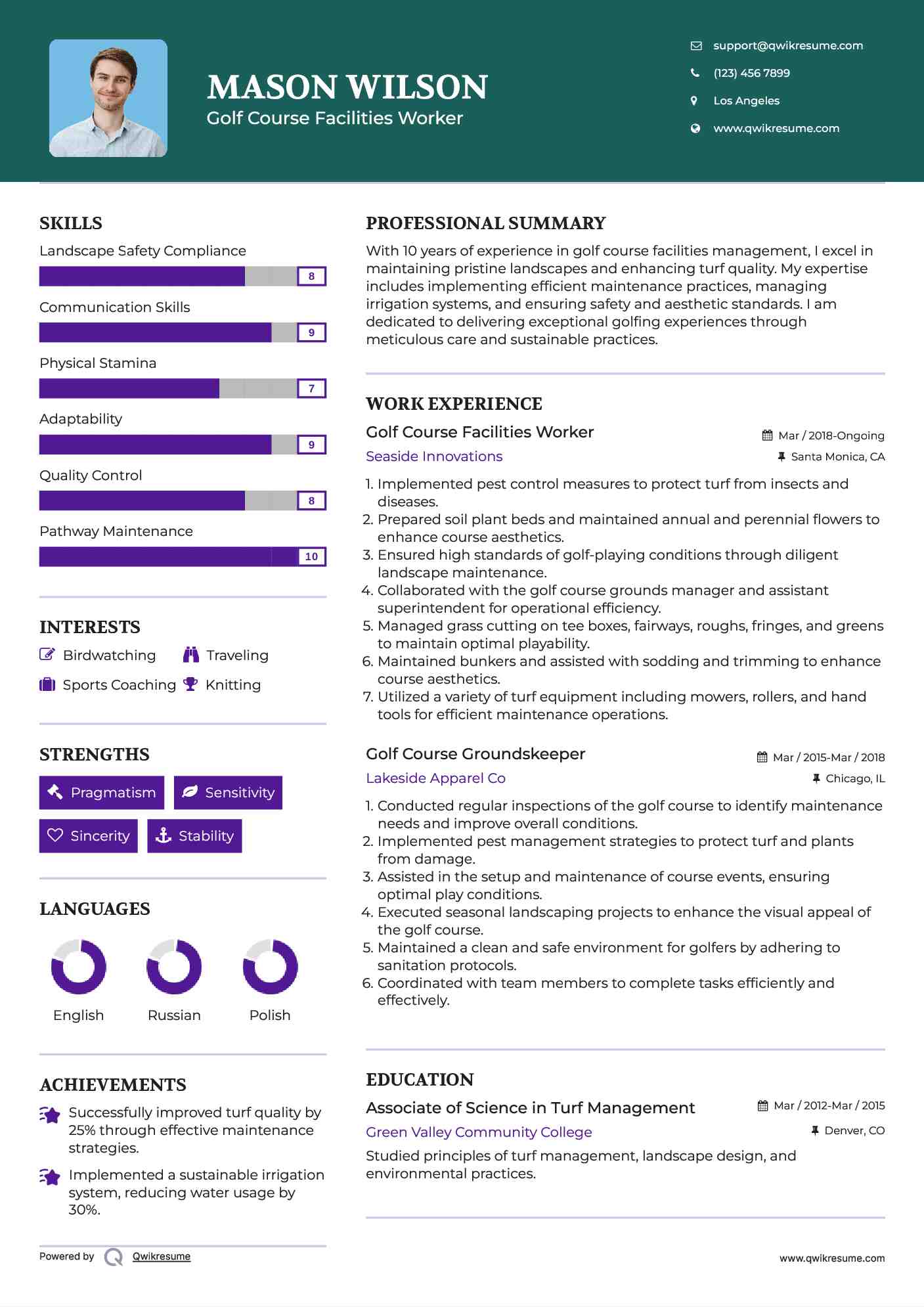Golf Course Facilities Worker Resume Template