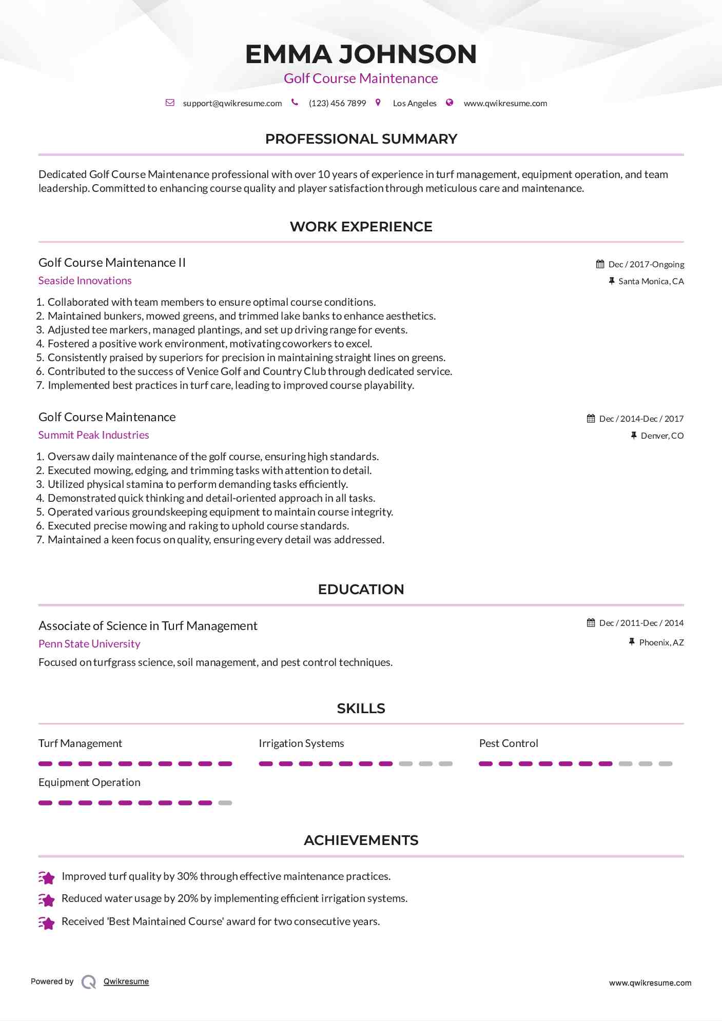 Golf Course Maintenance Resume Samples QwikResume