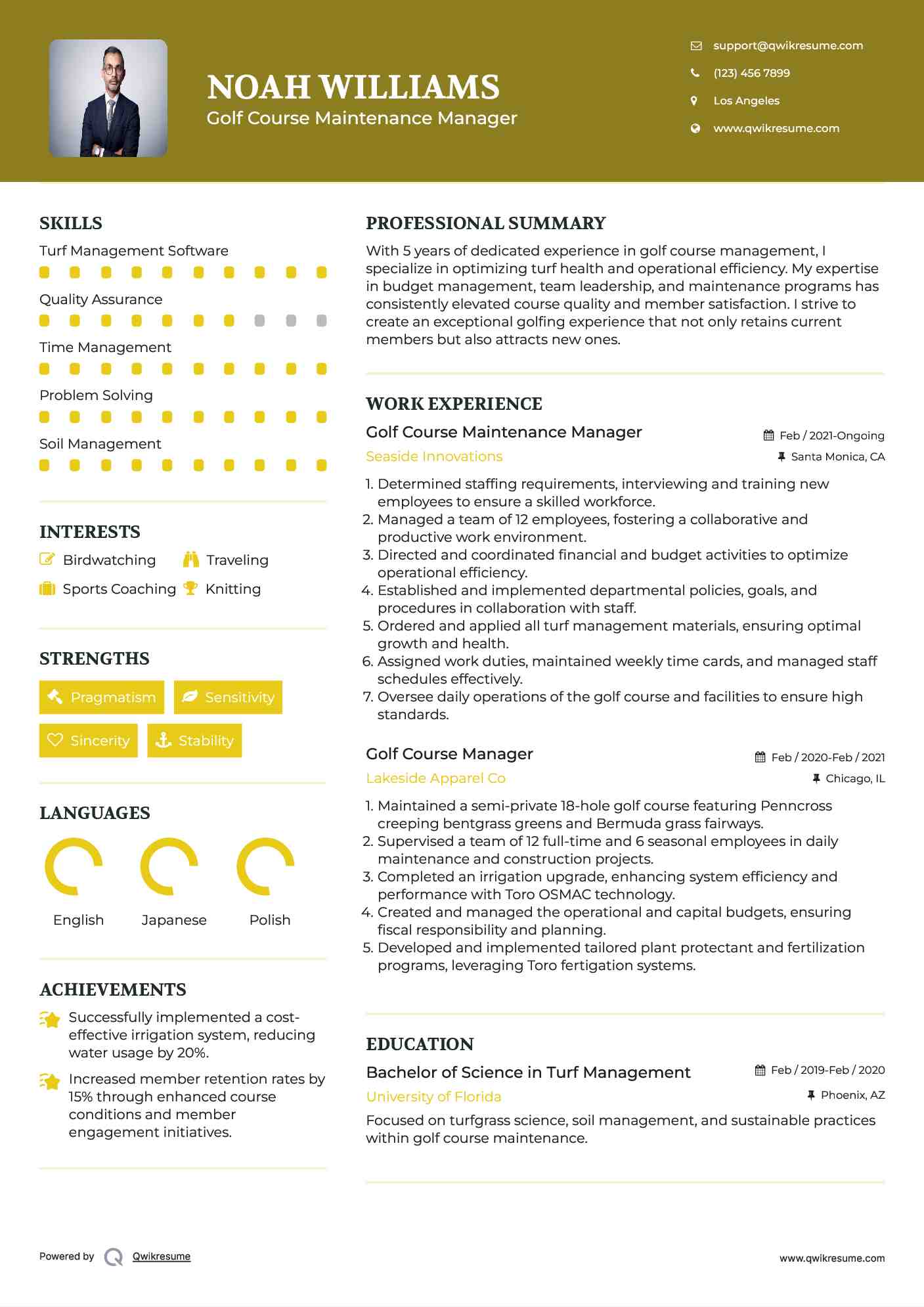 Golf Course Maintenance Manager Resume Sample