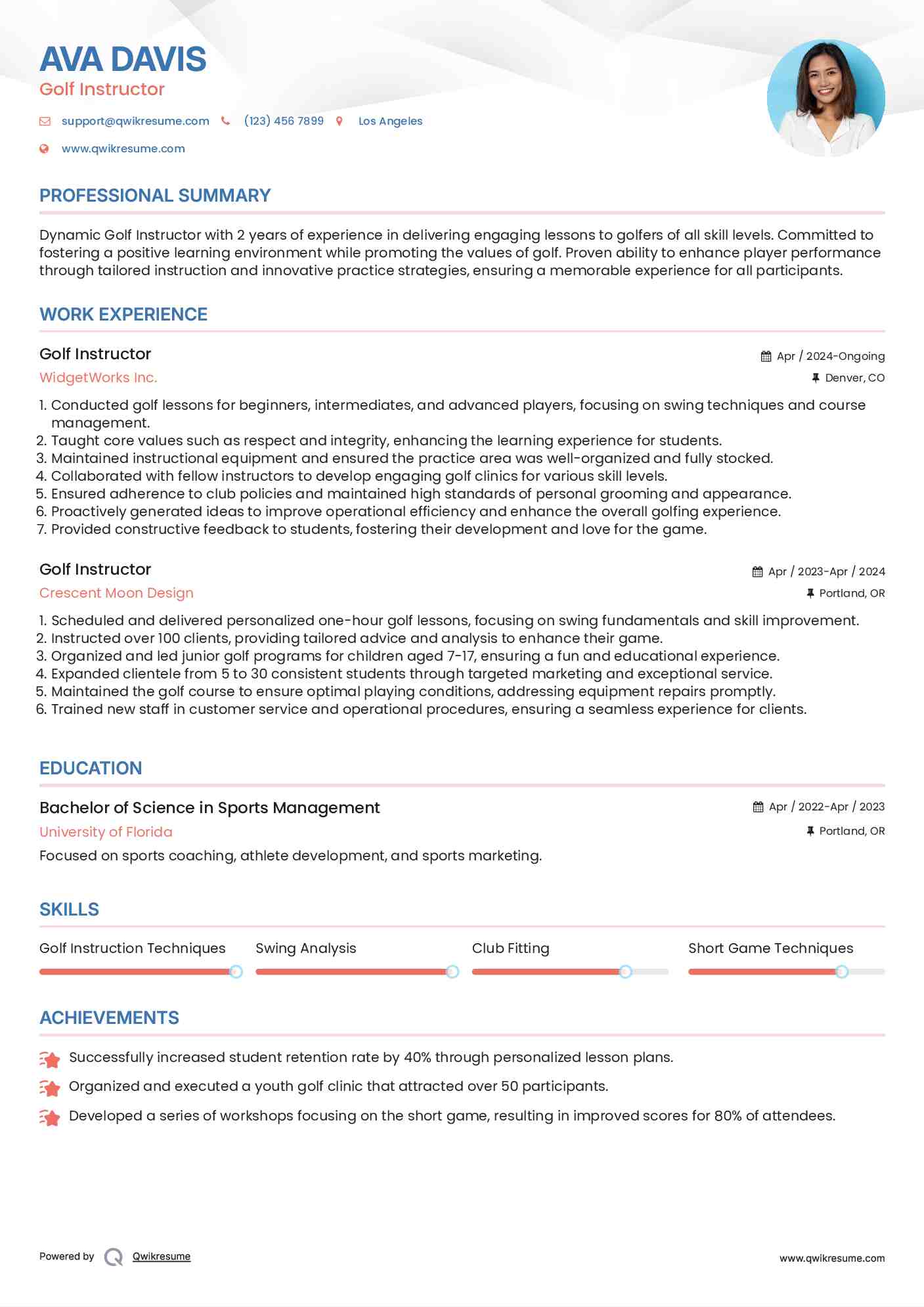 Golf Instructor Resume Model