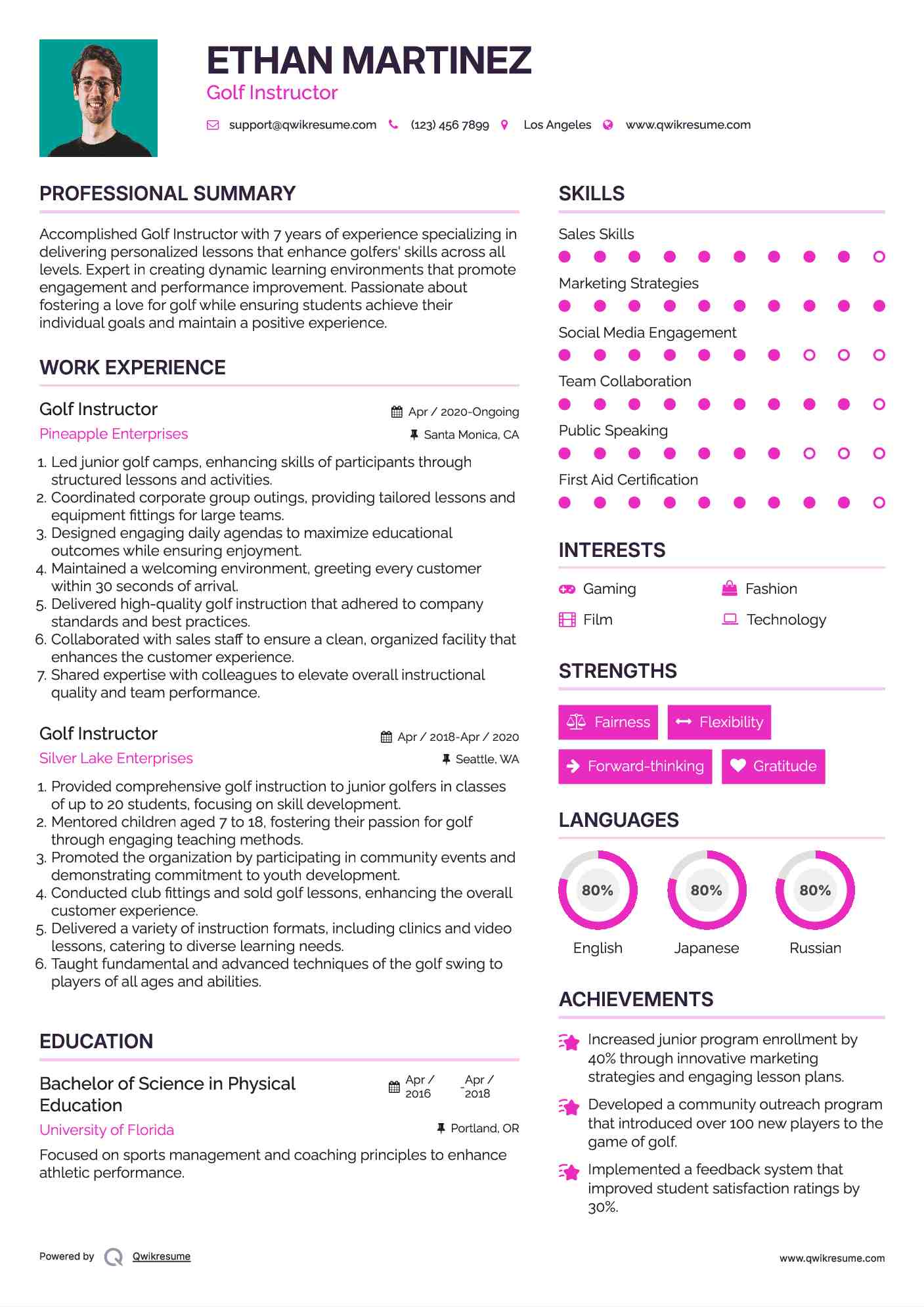 Golf Instructor Resume Model