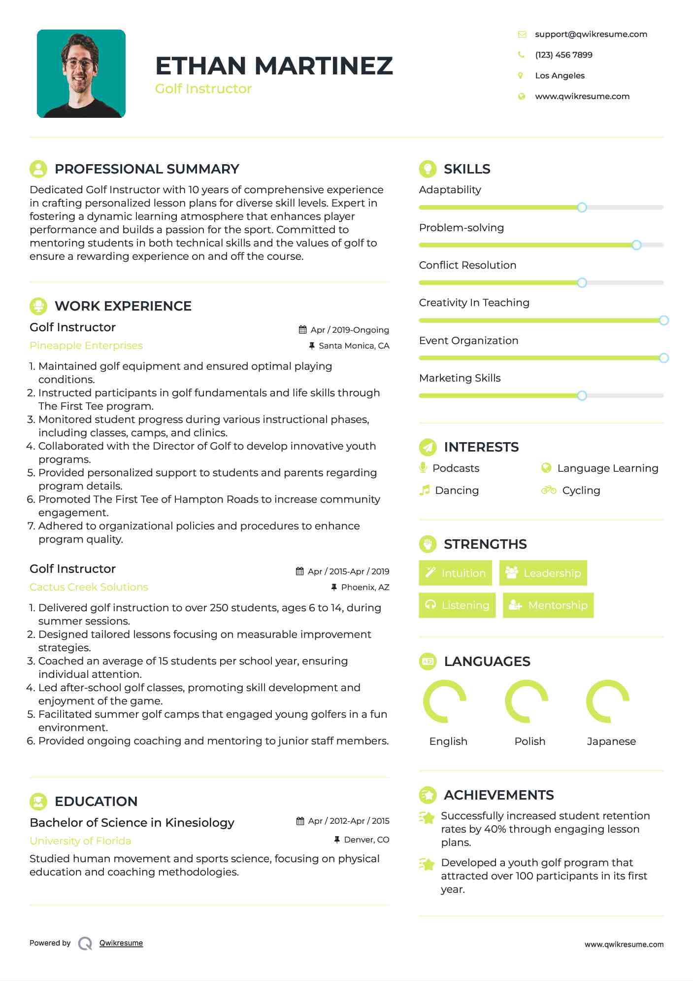Golf Instructor Resume Example