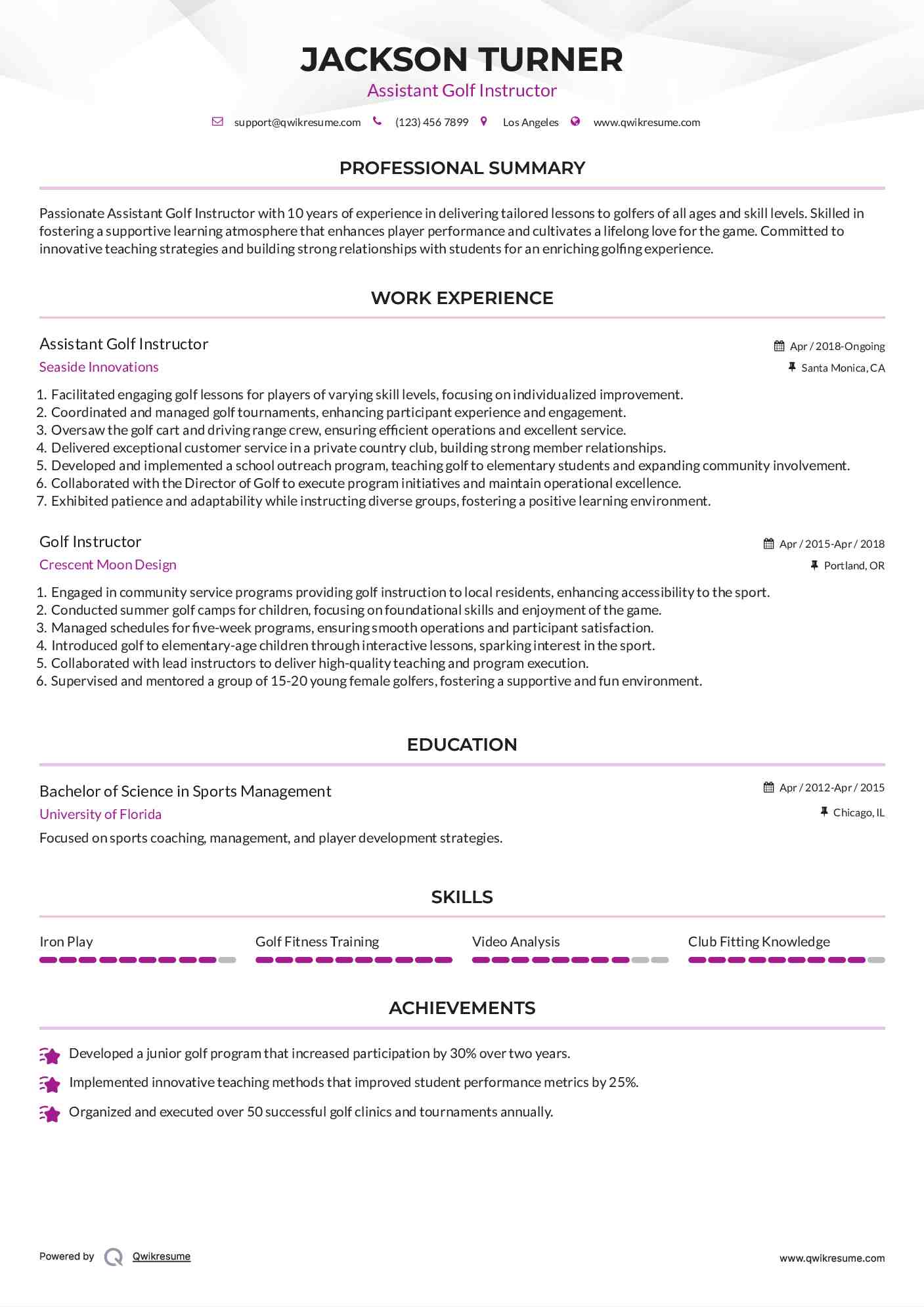 Assistant Golf Instructor Resume Example