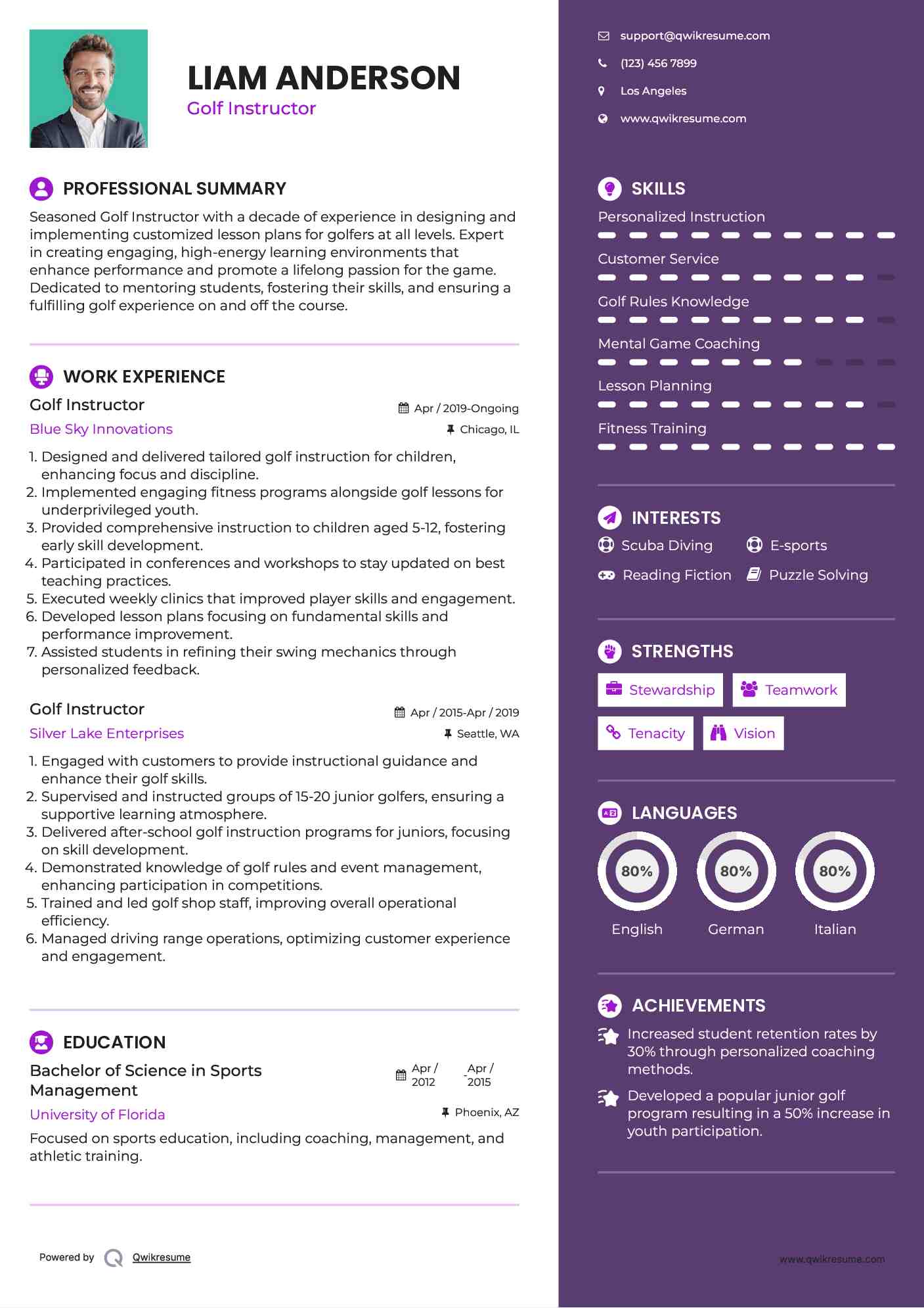 Golf Instructor Resume Sample