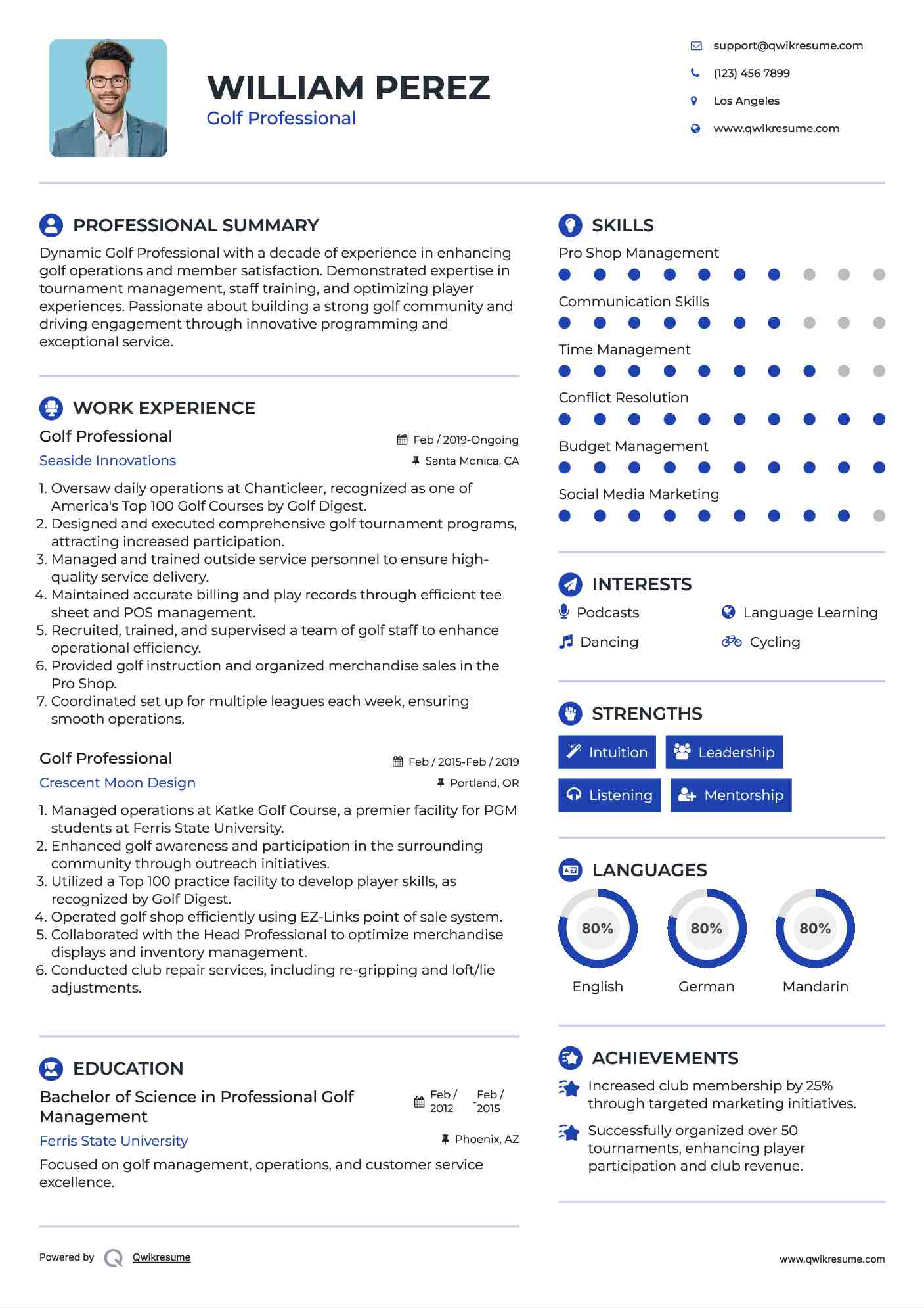 Golf Professional Resume Sample