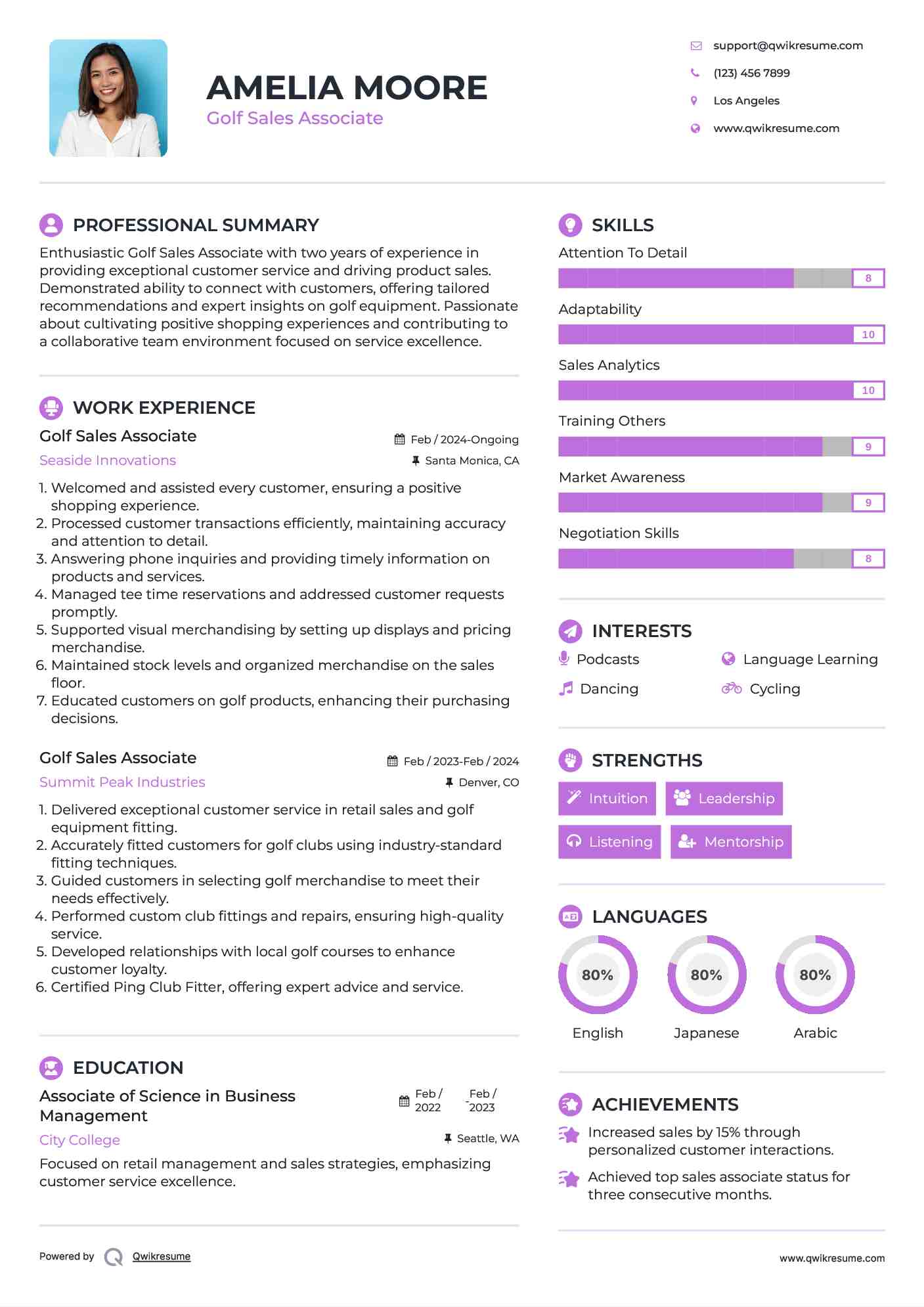 Golf Sales Associate Resume Sample