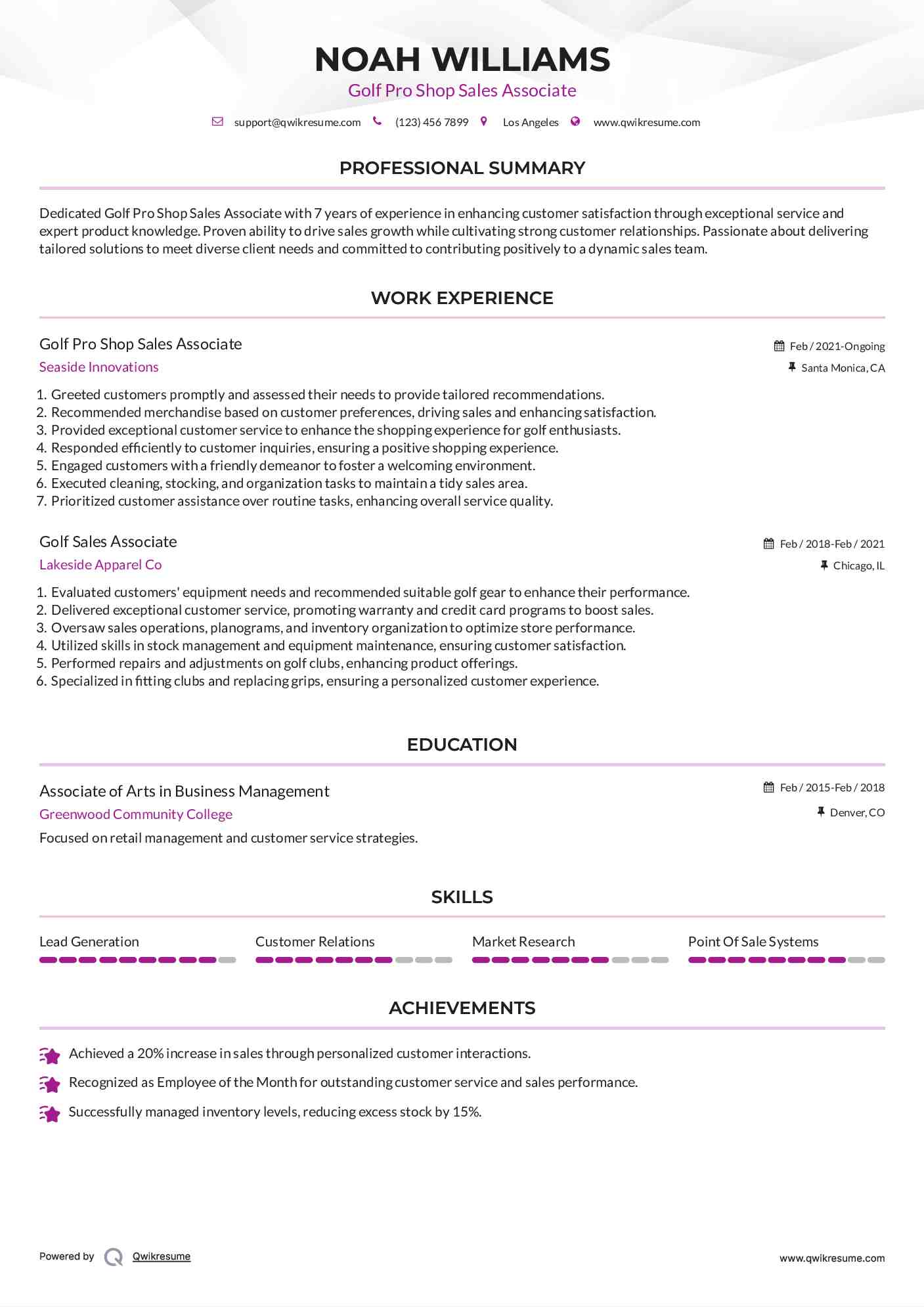 Golf Pro Shop Sales Associate Resume Model